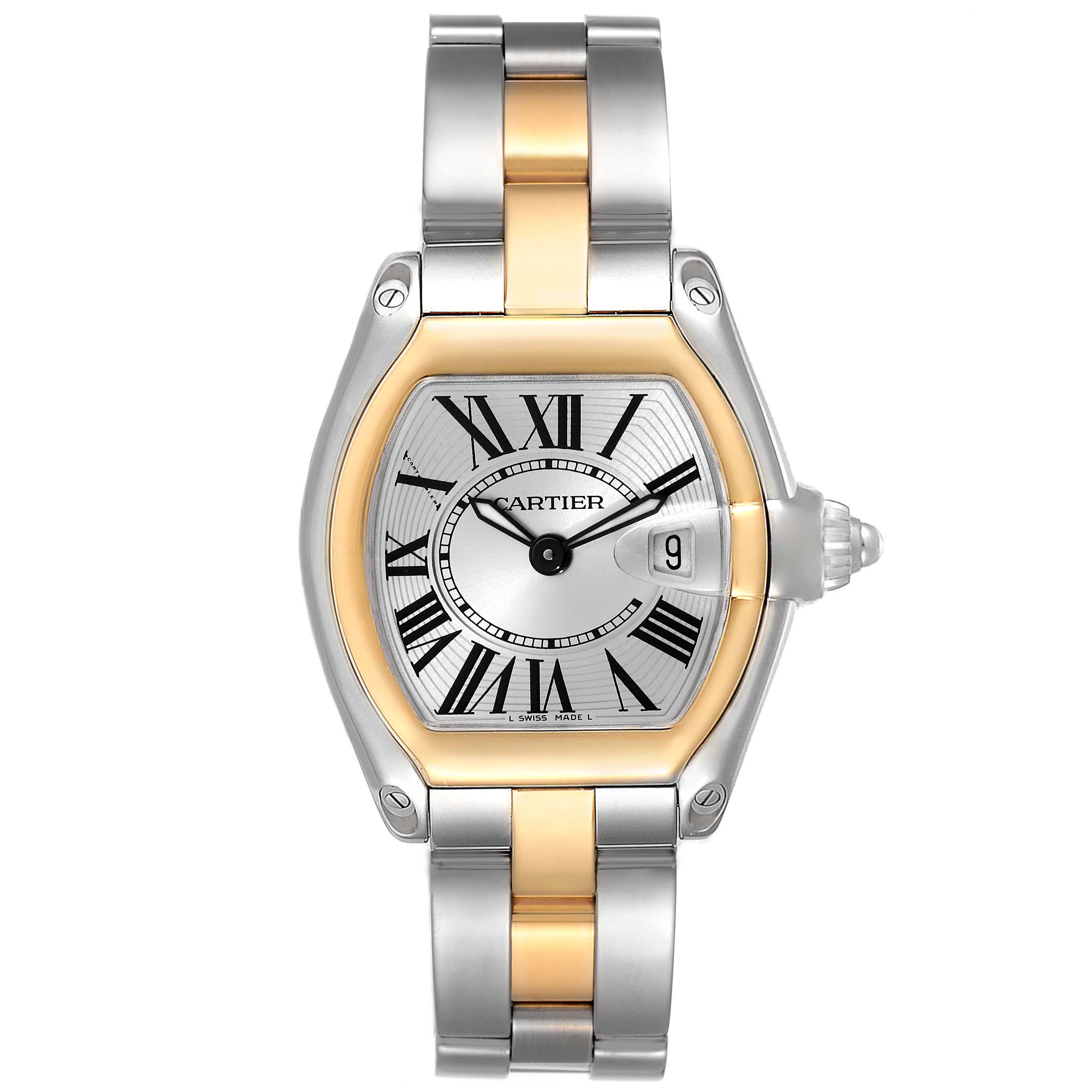 The image shows a Cartier Roadster W62026Y4 Women
s Steel and Gold (two tone) Silver Dial W62026Y4 Women
s Steel and Gold (two tone) Silver Dial watch viewed from the front, highlighting the dial, case, bracelet, and crown.