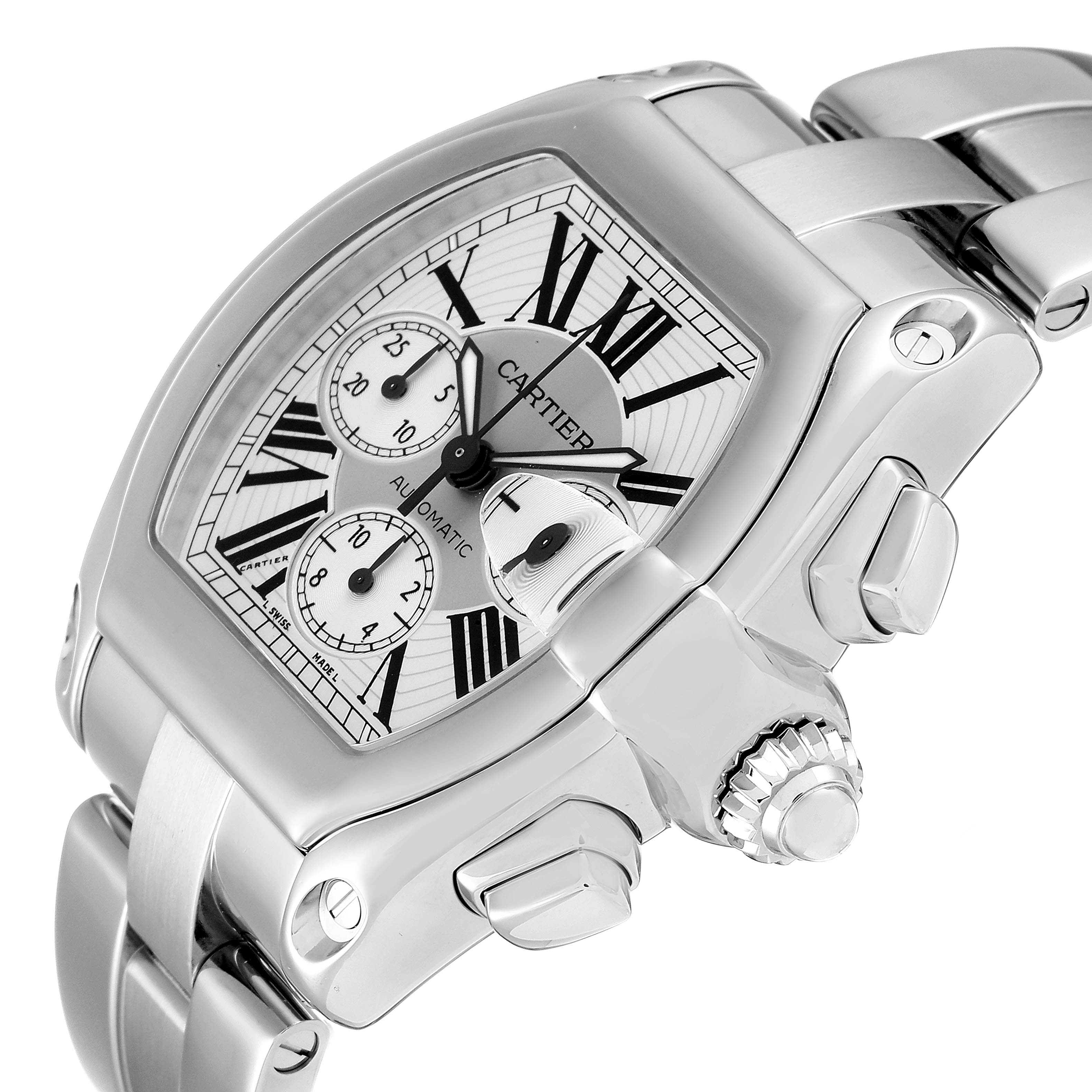 This image shows a close-up of the Cartier Roadster W62019X6 Men
s Stainless Steel Silver Dial W62019X6 Men
s Stainless Steel Silver Dial watch
s face, bezel, crown, pushers, and stainless steel bracelet.