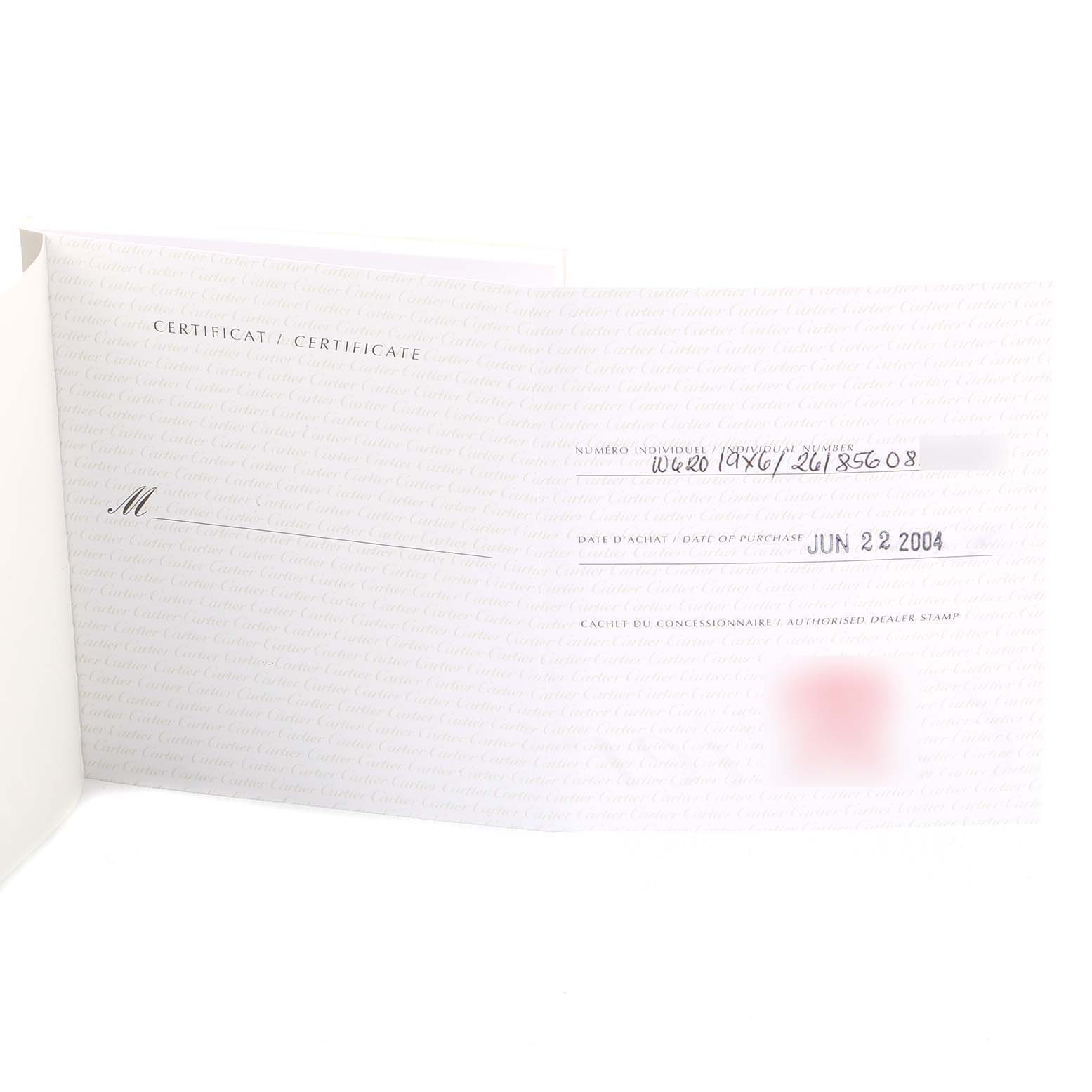 Shown is a certificate for the Cartier Roadster W62019X6 Men
s Stainless Steel Silver Dial W62019X6 Men
s Stainless Steel Silver Dial watch, including individual number and purchase date.