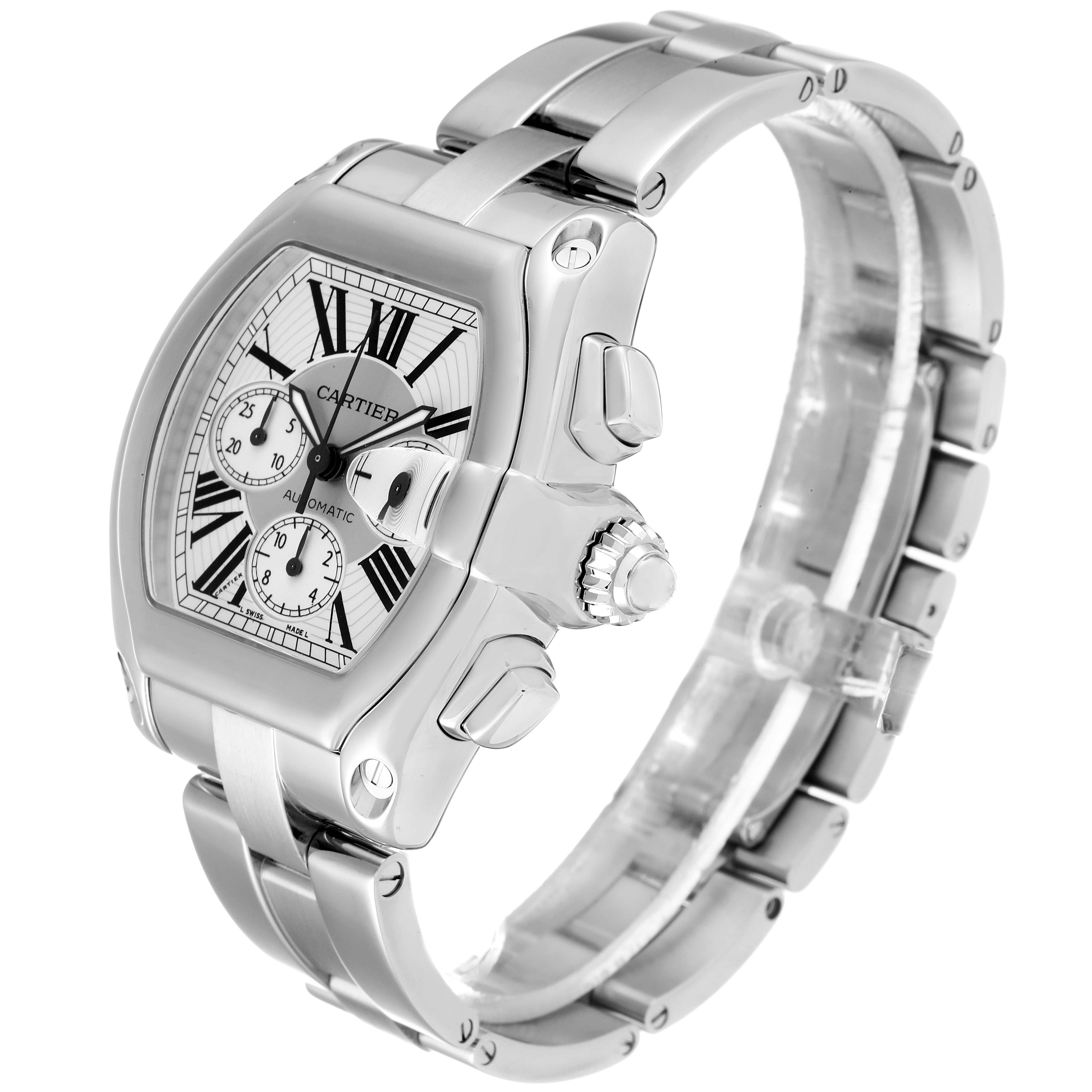 This Cartier Roadster W62019X6 Men
s Stainless Steel Silver Dial W62019X6 Men
s Stainless Steel Silver Dial model watch is shown at a slight side angle, highlighting its face and stainless steel bracelet.