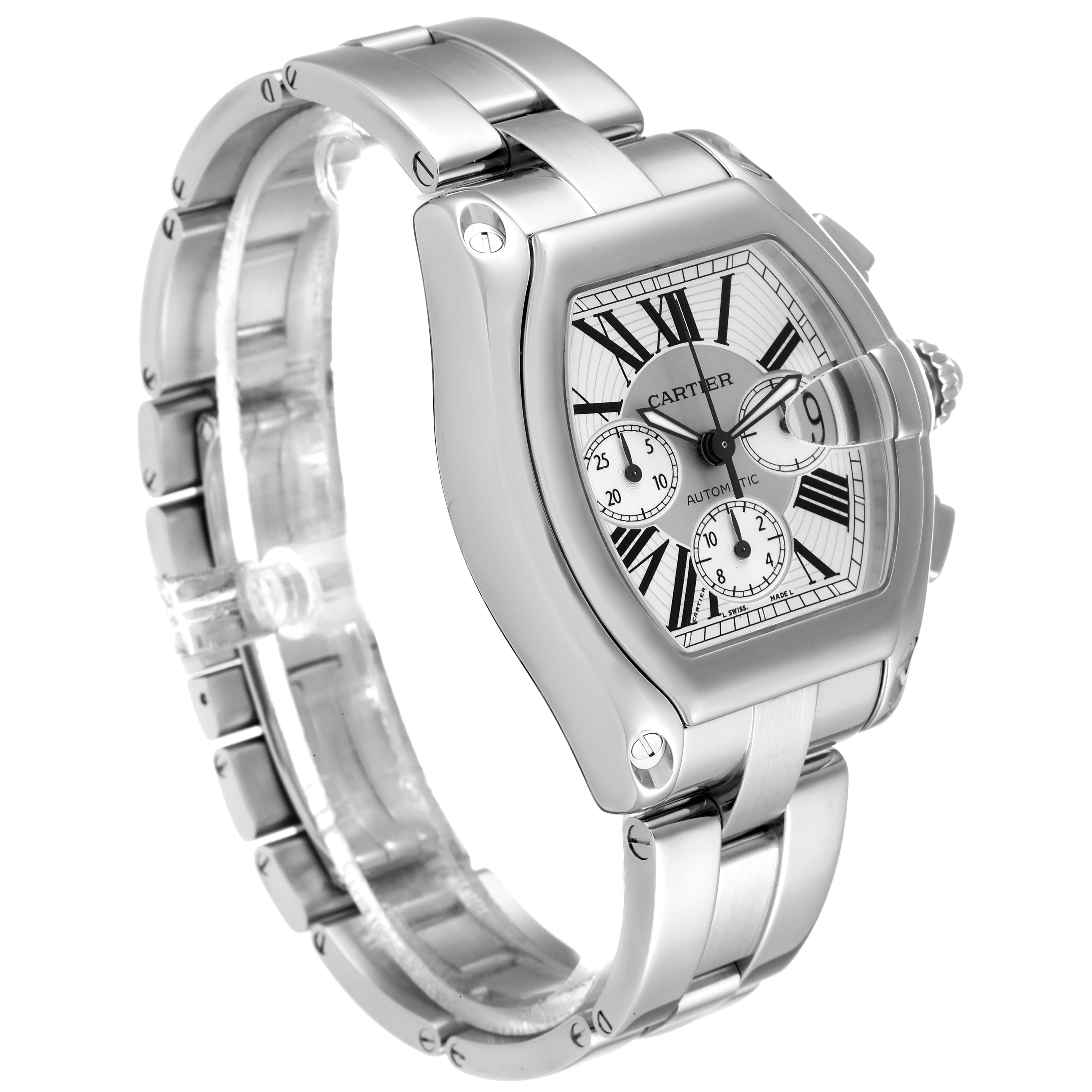 The Cartier Roadster W62019X6 Men
s Stainless Steel Silver Dial W62019X6 Men
s Stainless Steel Silver Dial watch is shown from an angled, side view, highlighting its stainless steel bracelet, case, and dial.