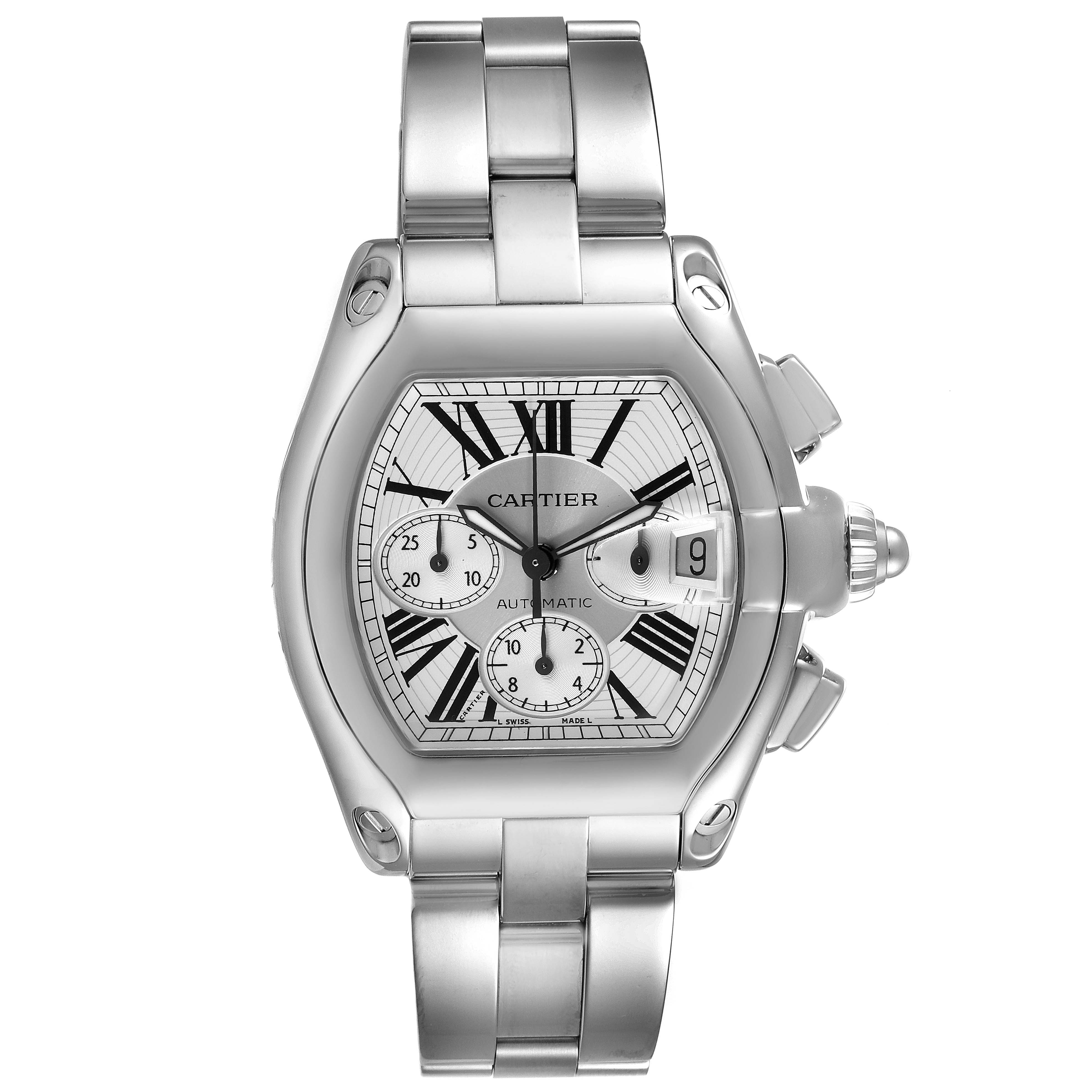 The Cartier Roadster W62019X6 Men
s Stainless Steel Silver Dial W62019X6 Men
s Stainless Steel Silver Dial watch is shown from a front angle highlighting the face, bracelet, and side buttons.