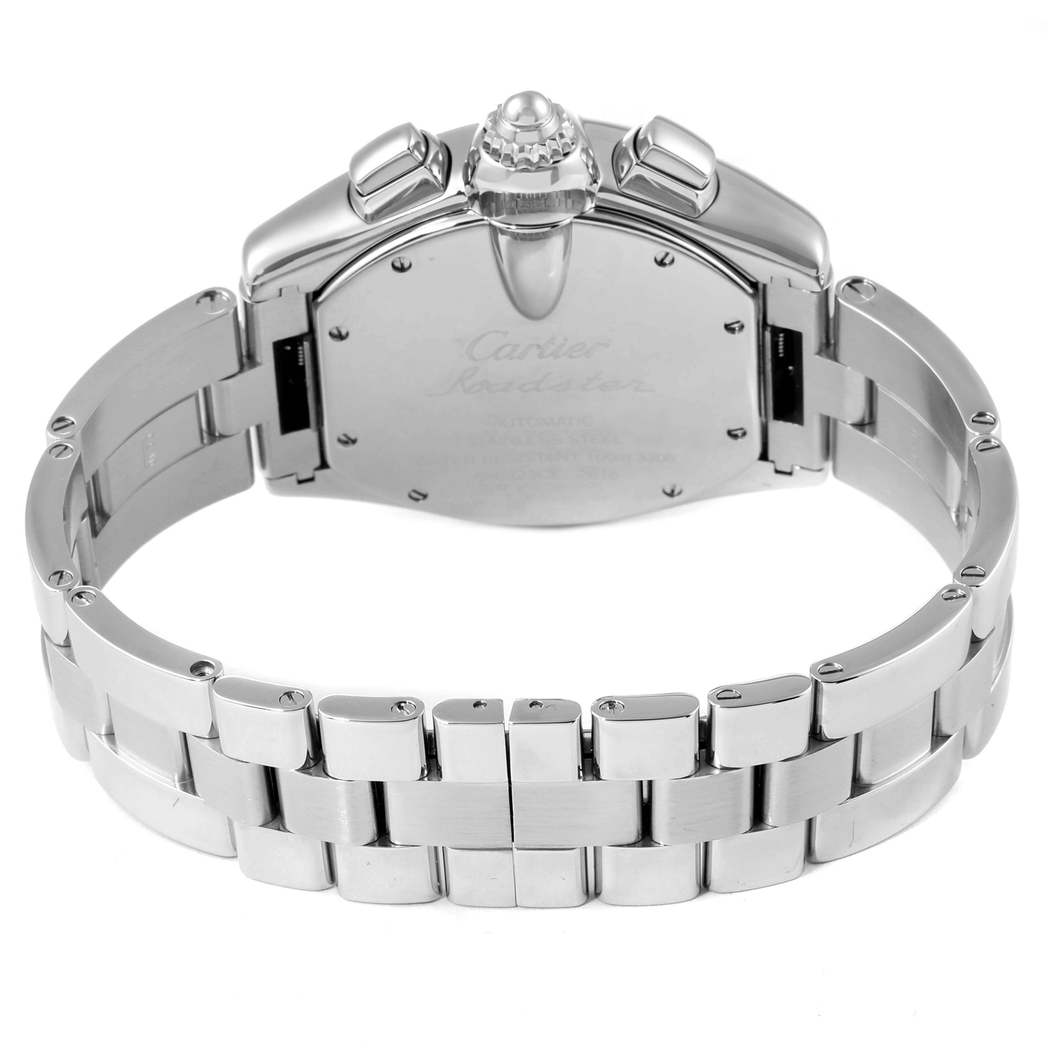 The image shows the back view of the Cartier Roadster W62019X6 Men
s Stainless Steel Silver Dial W62019X6 Men
s Stainless Steel Silver Dial watch, focusing on its case and metal bracelet.