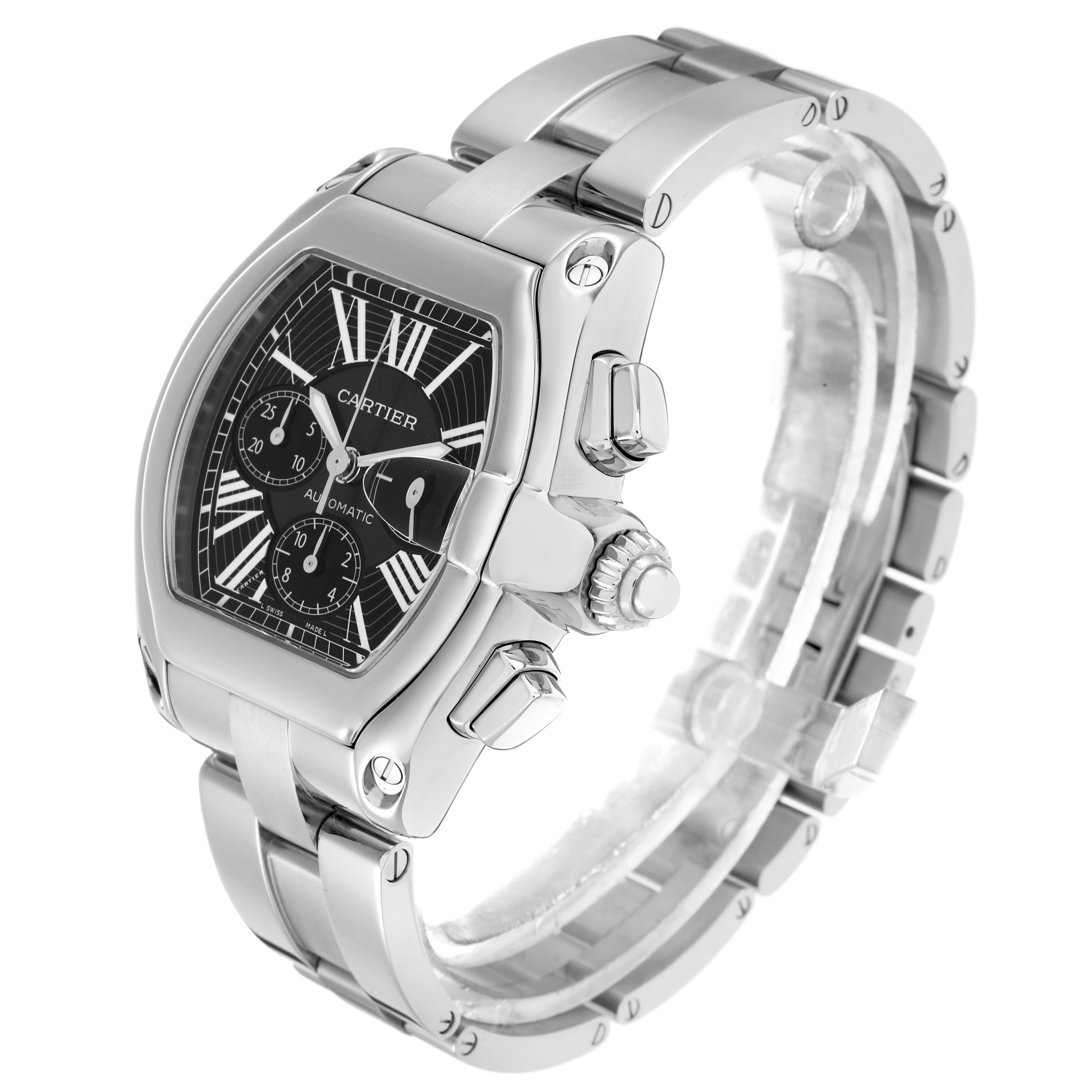 The Cartier Roadster W62020X6 Men
s Stainless Steel Black Dial watch is shown at a three-quarter angle, highlighting the dial, crown, case, and bracelet.