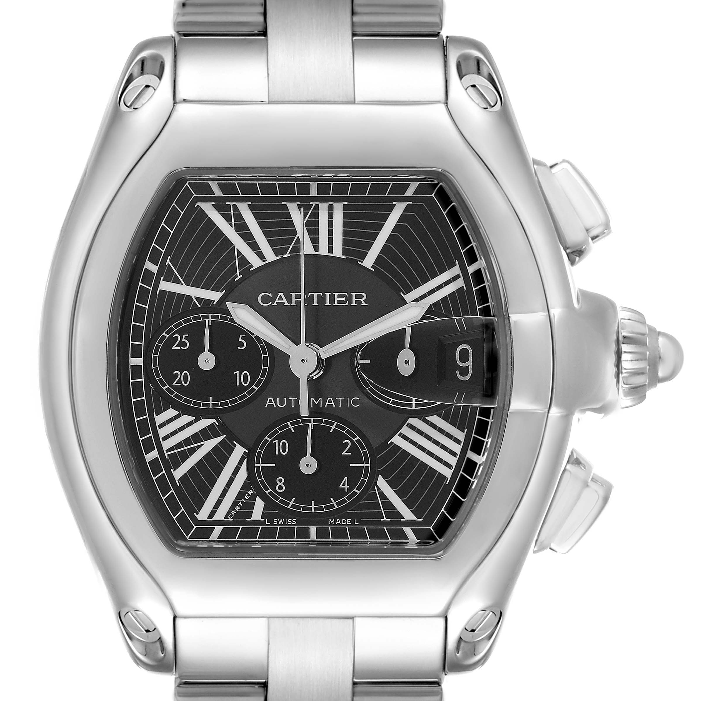 The Cartier Roadster W62020X6 Men
s Stainless Steel Black Dial watch is shown from the front, highlighting its dial, subdials, crown, and part of the bracelet.