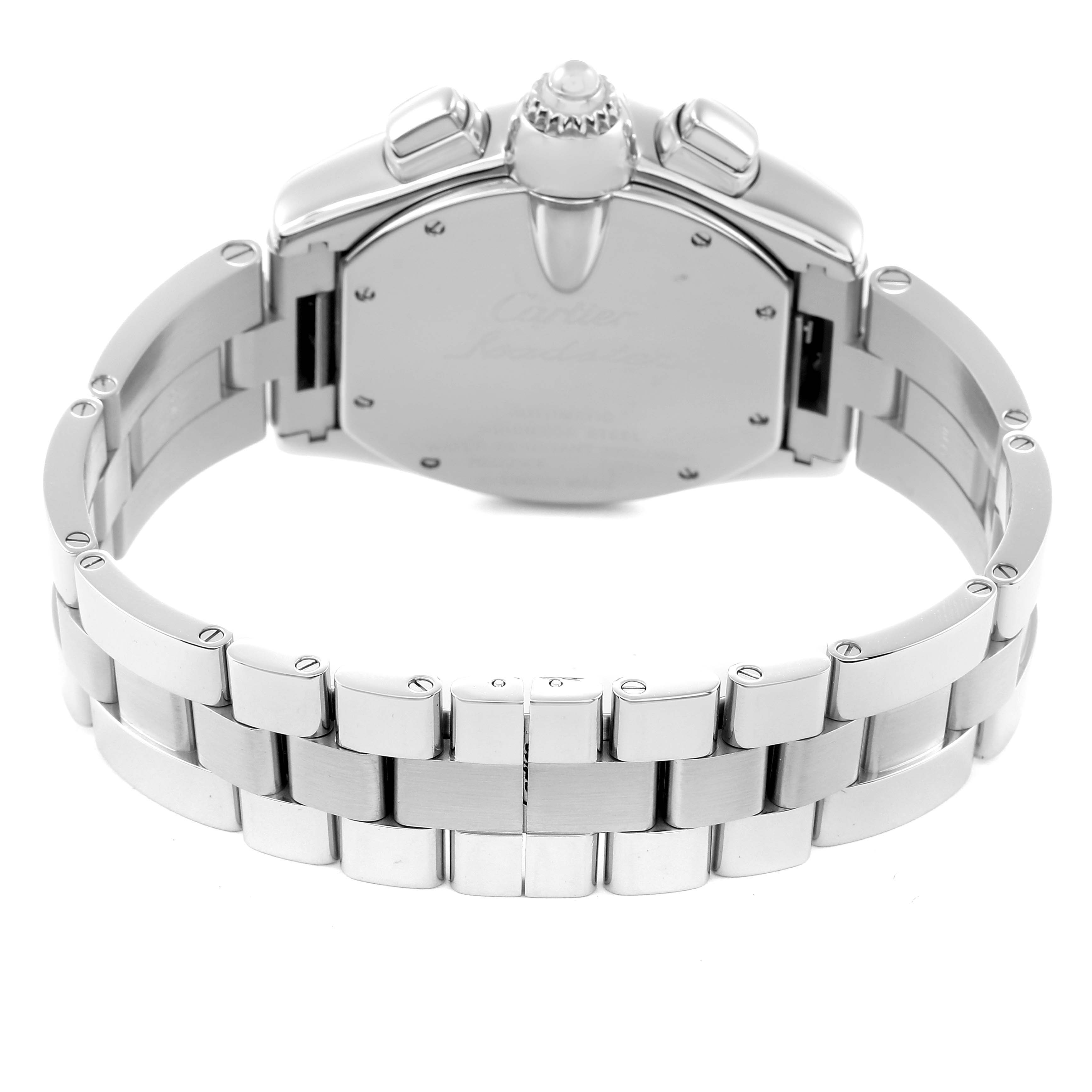 The image shows the back and bracelet of a Cartier Roadster W62020X6 Men
s Stainless Steel Black Dial watch, highlighting the clasp and case back.