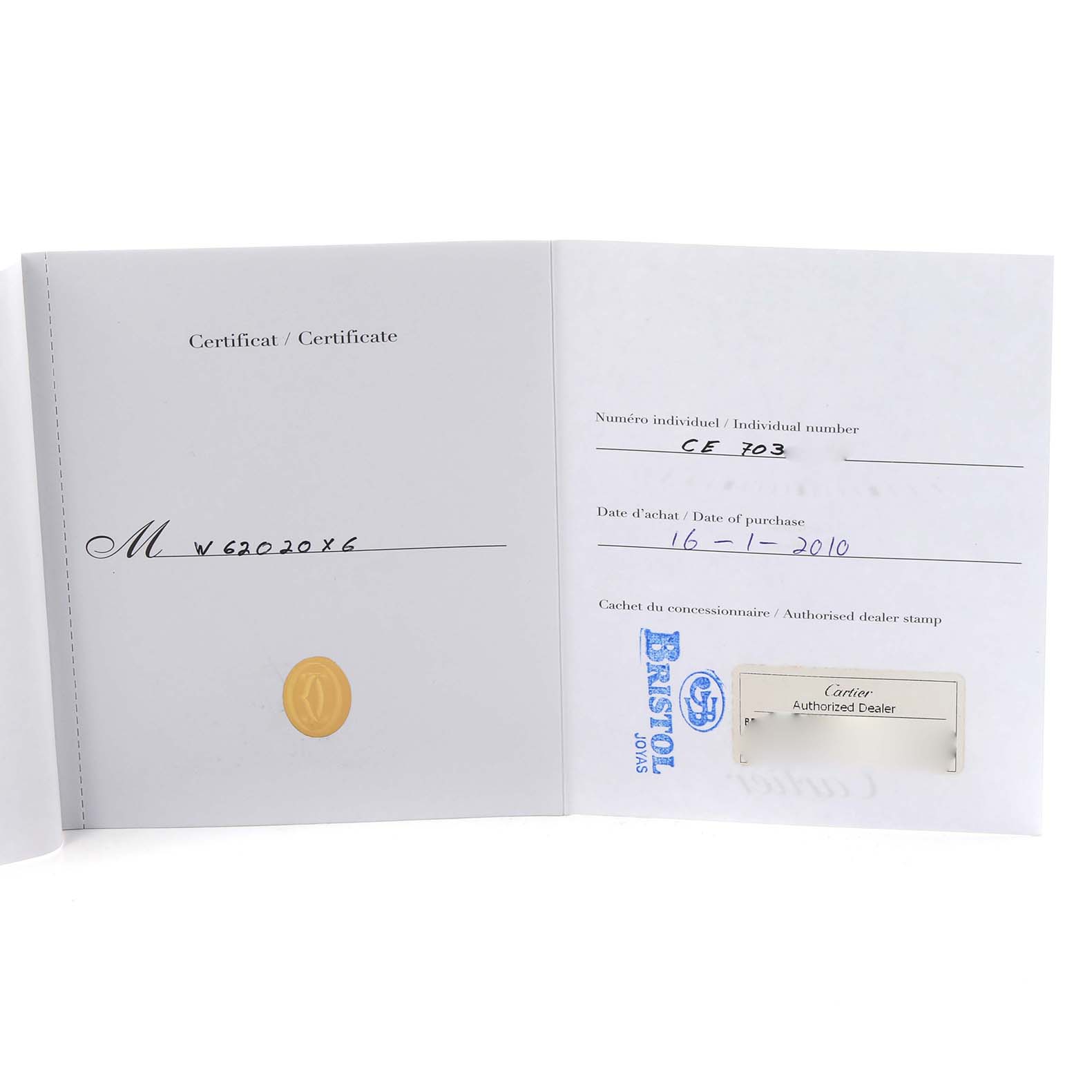 The image shows an open certificate booklet for the Cartier Roadster W62020X6 Men
s Stainless Steel Black Dial watch, highlighting purchase details and dealer information.