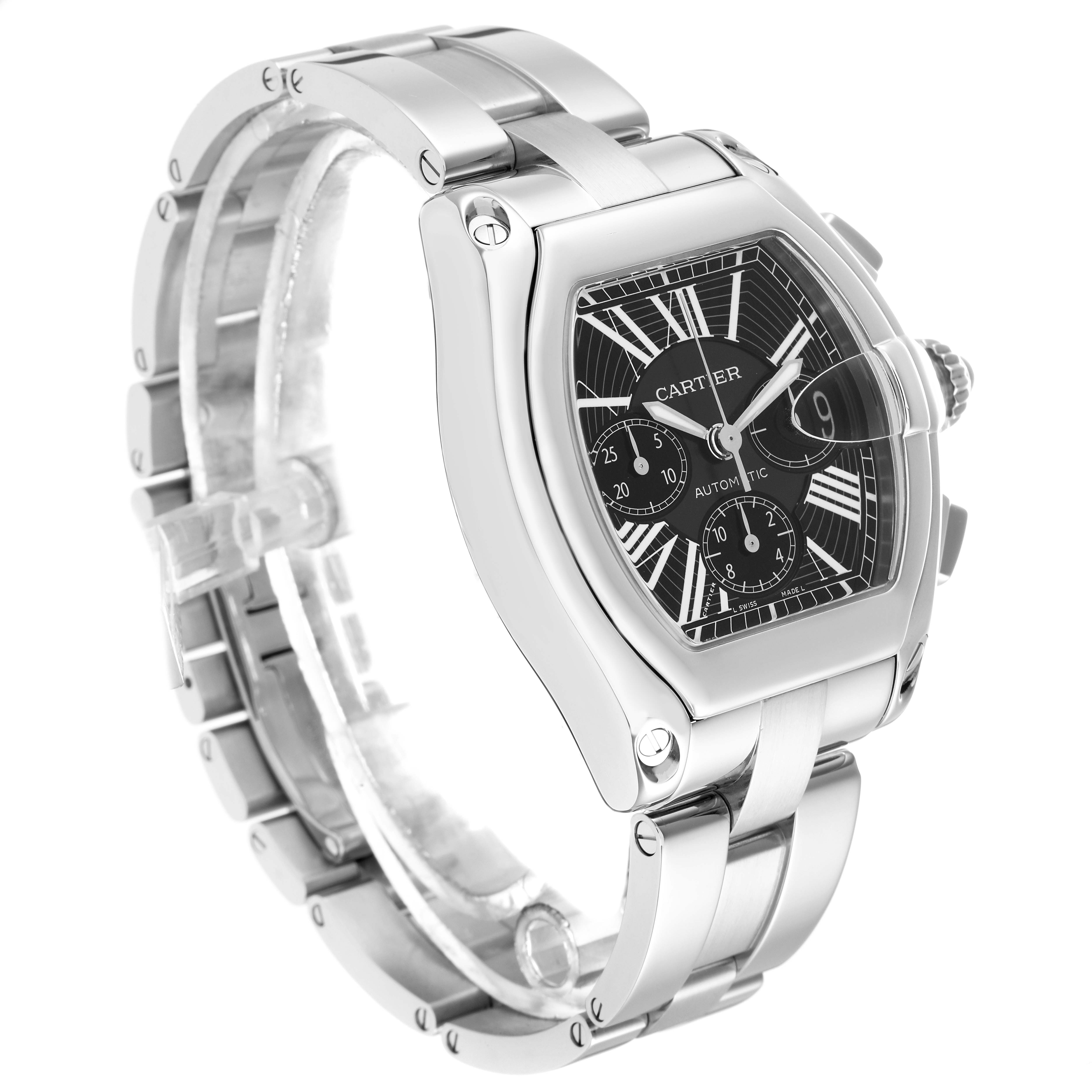 The Cartier Roadster W62020X6 Men
s Stainless Steel Black Dial watch is shown at a three-quarter angle, displaying the face, bezel, crown, and bracelet links.