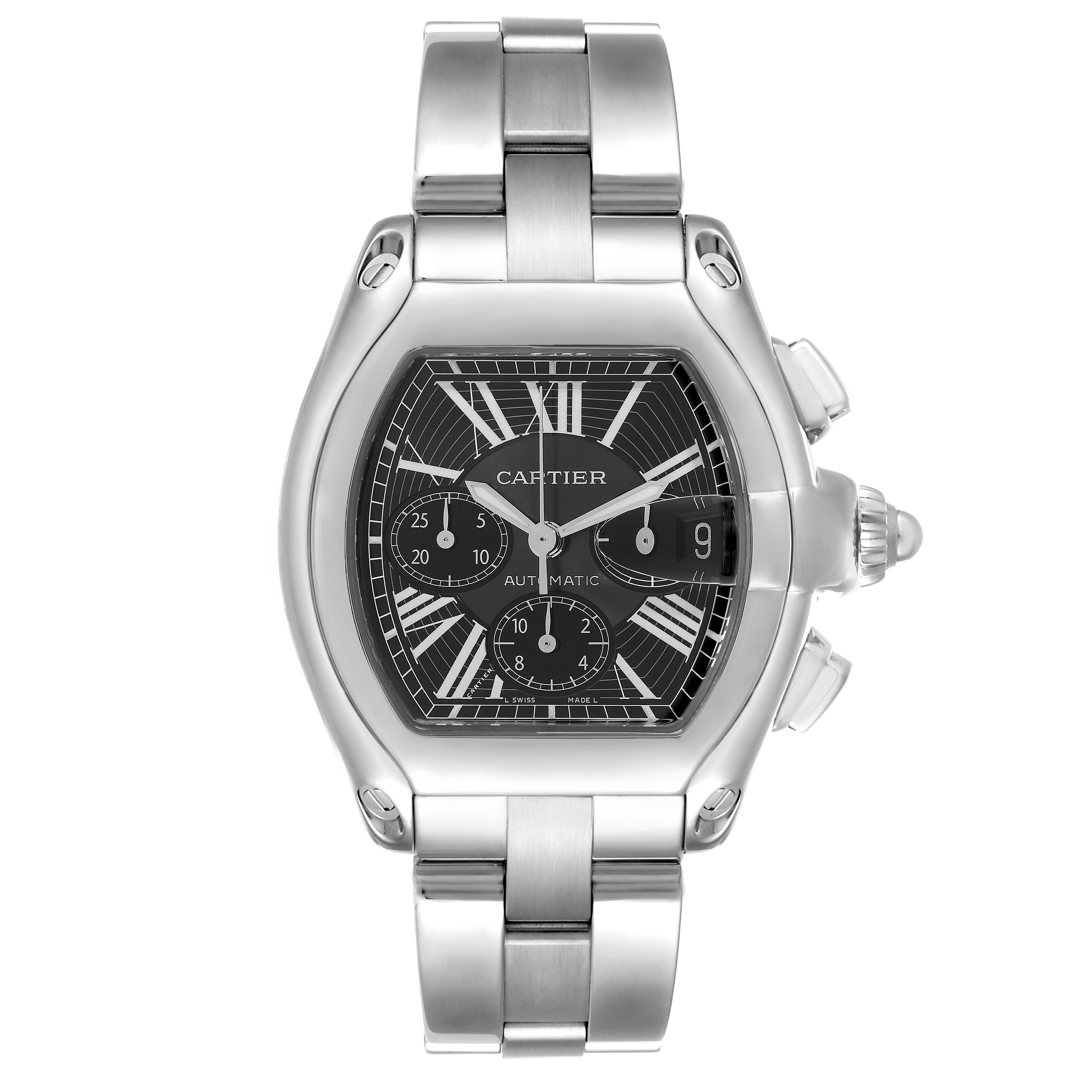 The Cartier Roadster W62020X6 Men
s Stainless Steel Black Dial watch is shown from a front angle, featuring its dial, case, and metal bracelet.