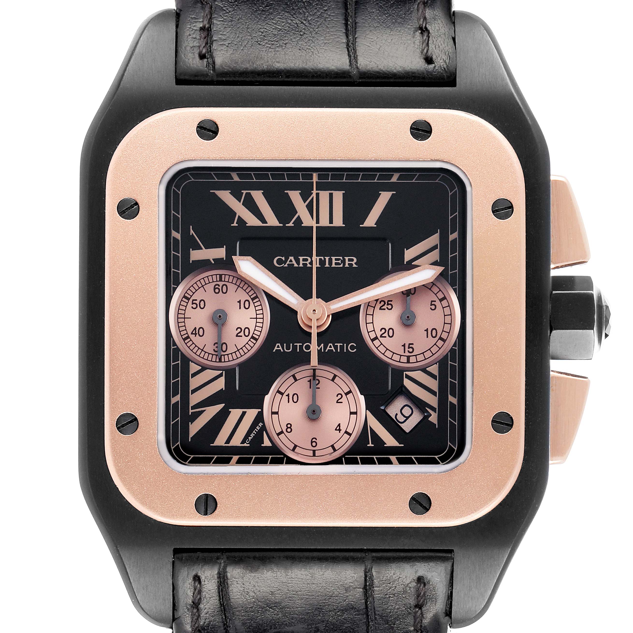 The image shows a front view of the Cartier Santos W2020004 Men
s Titanium Black Dial watch, highlighting its square face, bezel, and chronograph subdials.