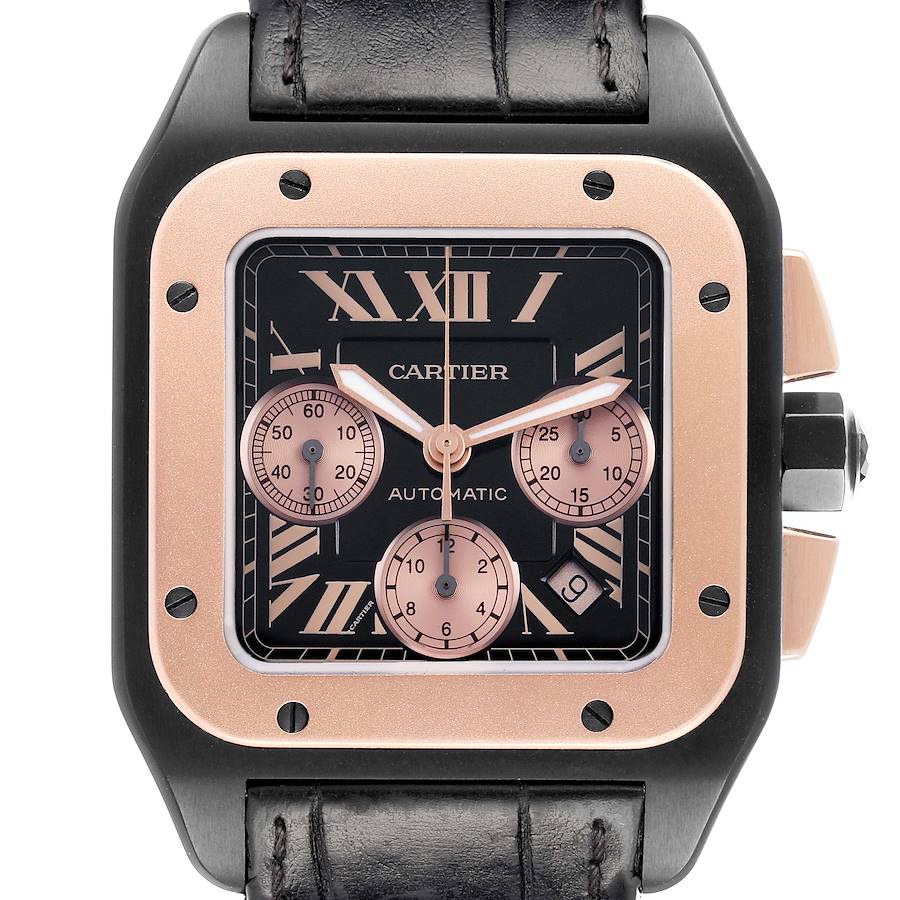 The image shows a front view of the Cartier Santos W2020004 Men's Titanium Black Dial watch, highlighting its square face, bezel, and chronograph subdials.