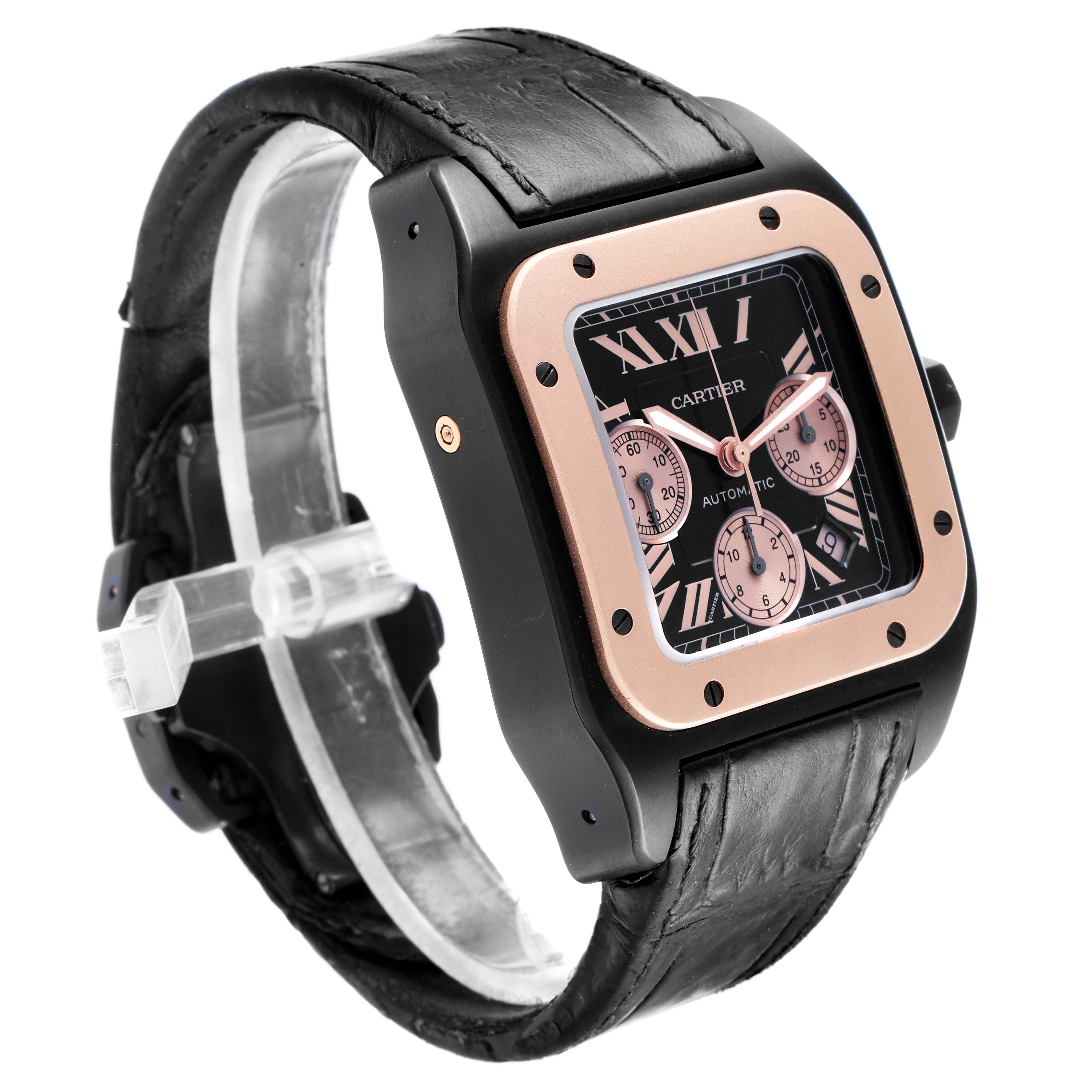 The Cartier Santos W2020004 Men
s Titanium Black Dial watch is shown at a three-quarter angle, highlighting the face, bezel, and leather strap.