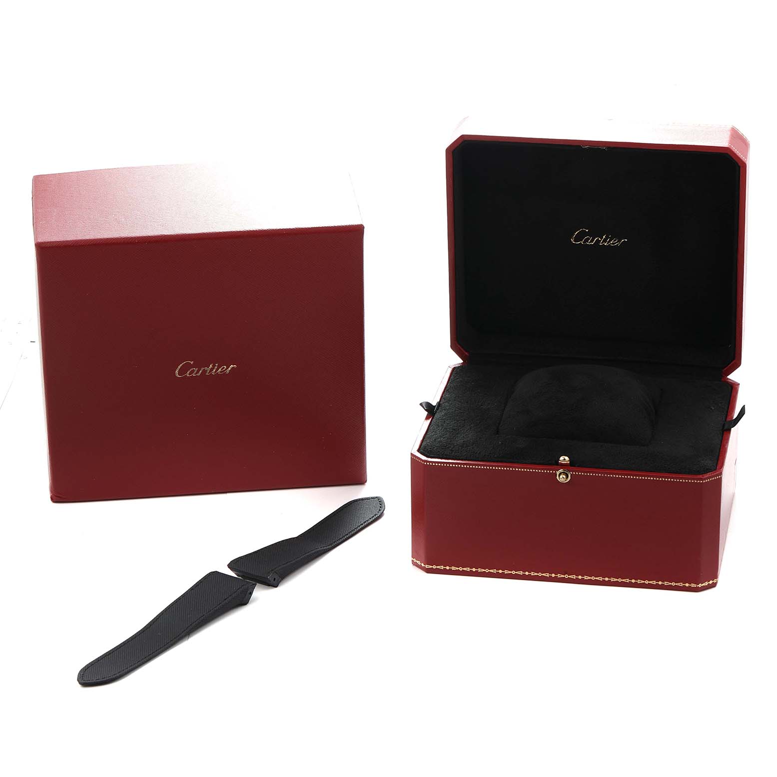 The image shows a Cartier Santos W2020004 Men
s Titanium Black Dial watch box and a pair of additional straps.