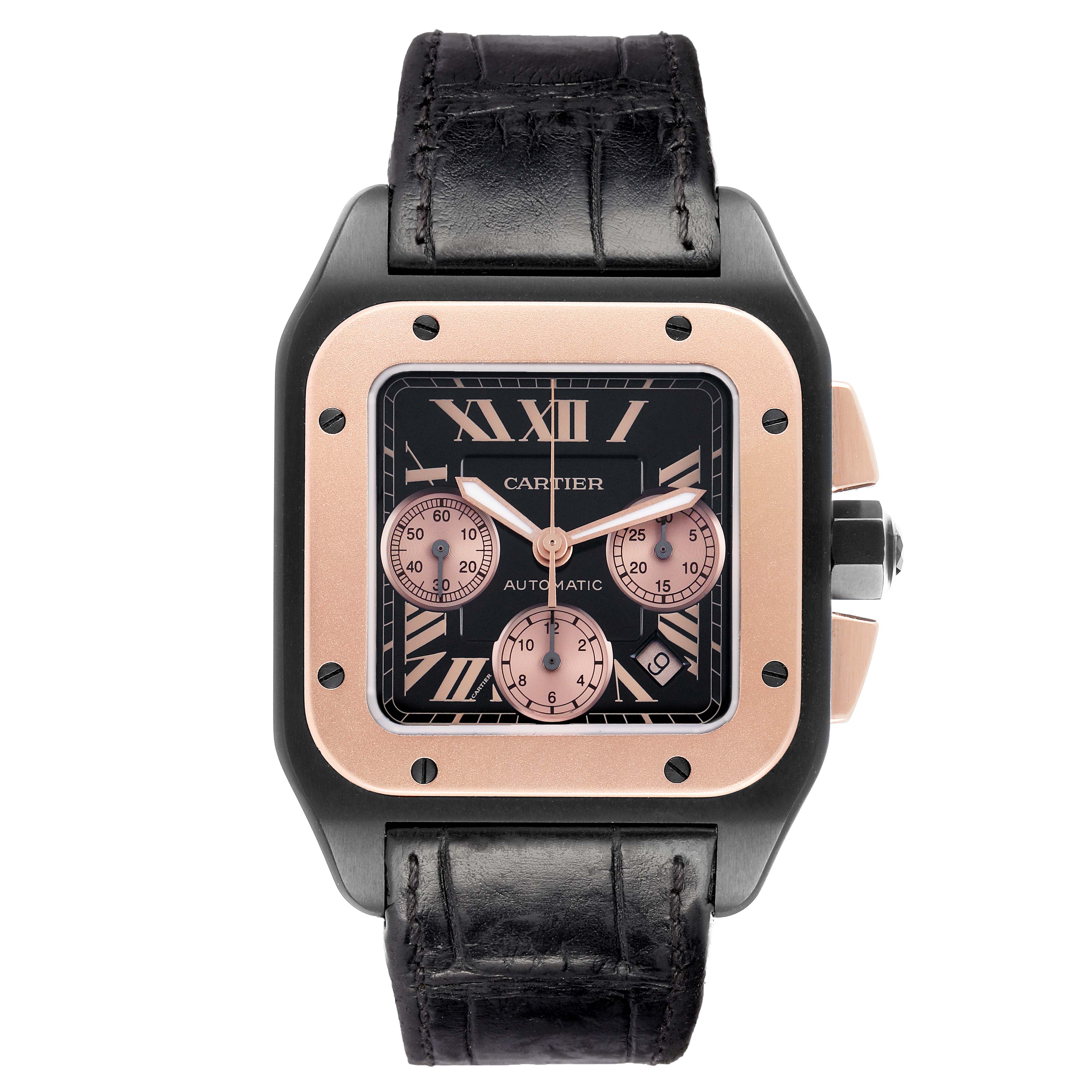 The Cartier Santos W2020004 Men
s Titanium Black Dial watch is shown from the front, highlighting the face, bezel, and black leather strap.