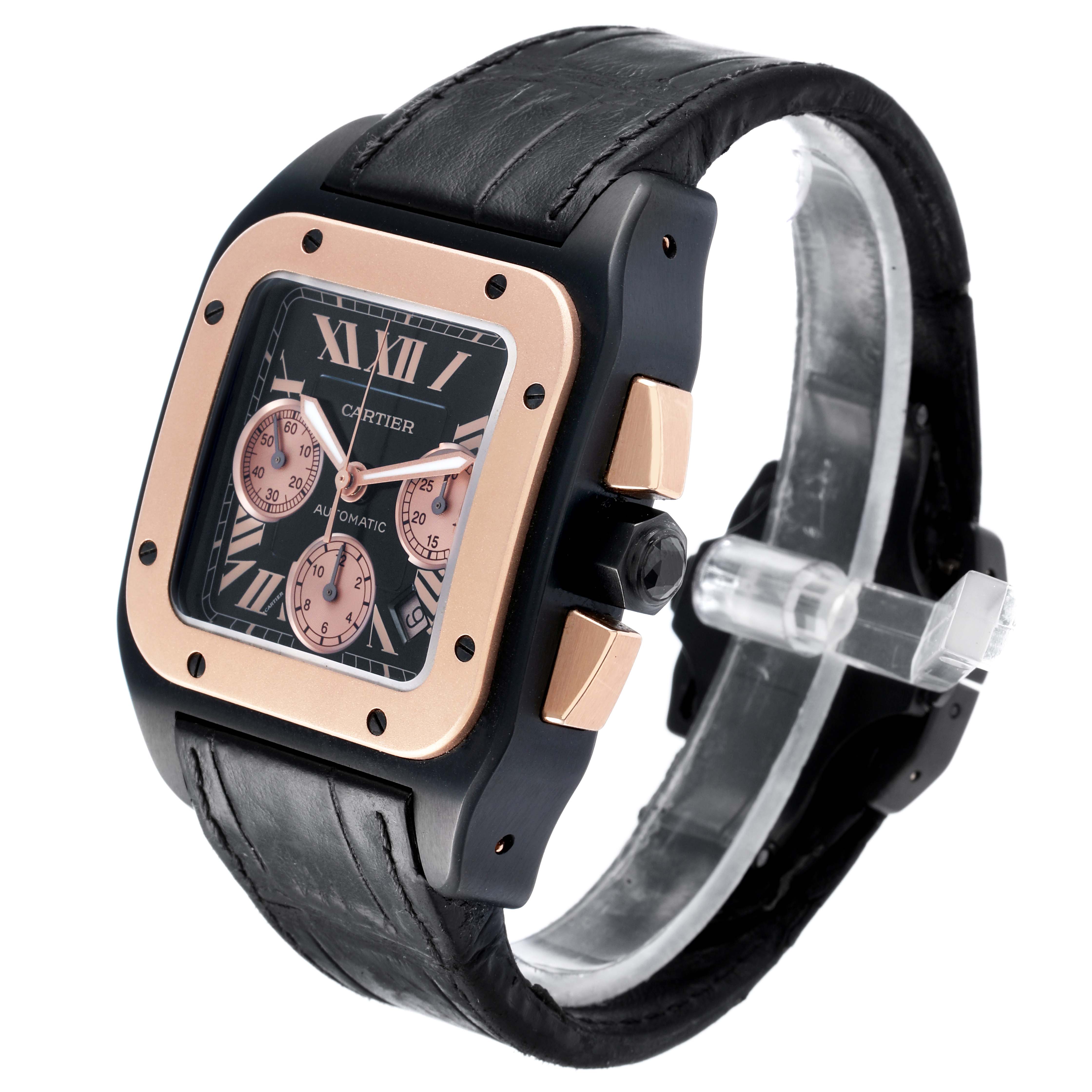 The Cartier Santos W2020004 Men
s Titanium Black Dial watch is shown at an angle highlighting the dial, case, bezel, and strap.