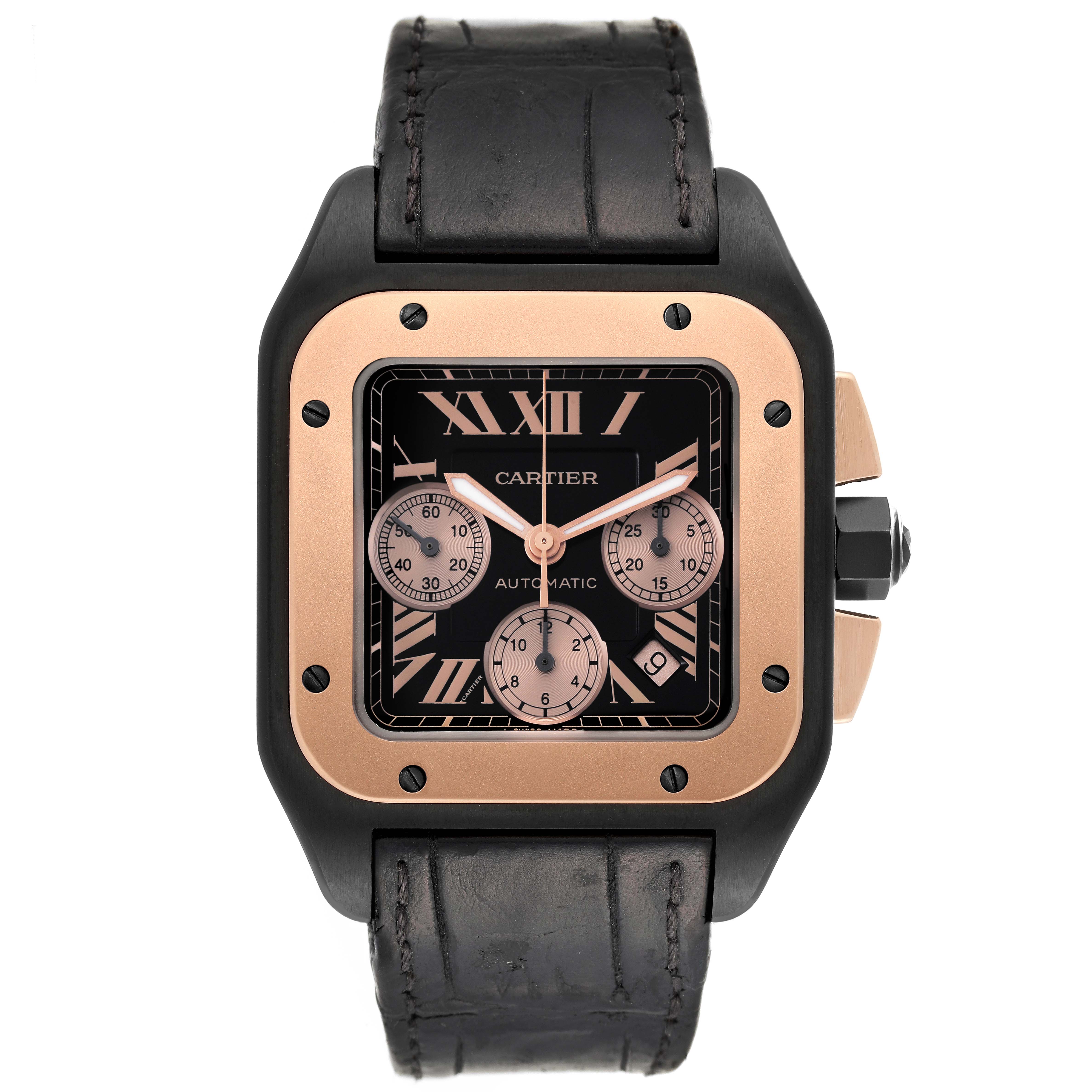 The image shows a front view of the Cartier Santos W2020004 Men's Titanium Black Dial W2020004 Men's Titanium Black Dial model watch, highlighting its square face, chronograph sub-dials, and leather strap.