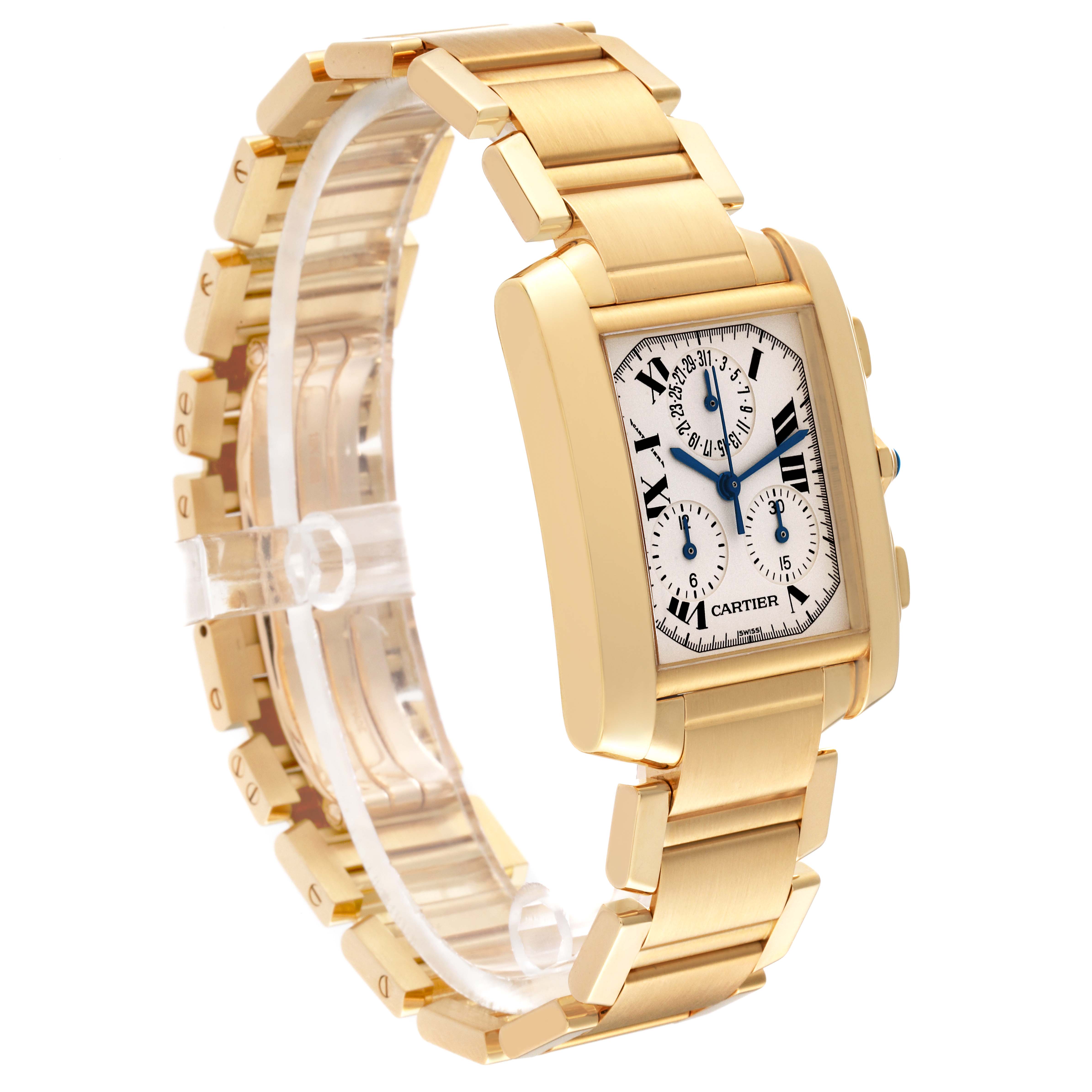 The image shows the Cartier Tank Francaise W50005R2 Men's Yellow Gold Silver Dial W50005R2 Men's Yellow Gold Silver Dial watch angled to display its face, gold bracelet, and side buttons.