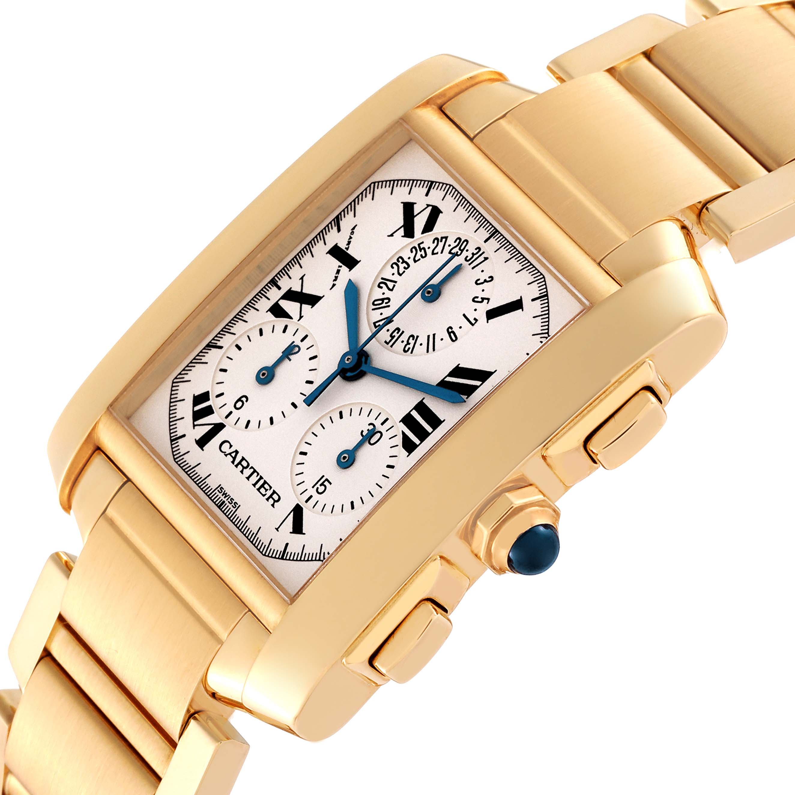 The image shows a Cartier Tank Francaise W50005R2 Men's Yellow Gold Silver Dial W50005R2 Men's Yellow Gold Silver Dial watch at an angled close-up, displaying its gold case, bracelet, and chronograph dials.