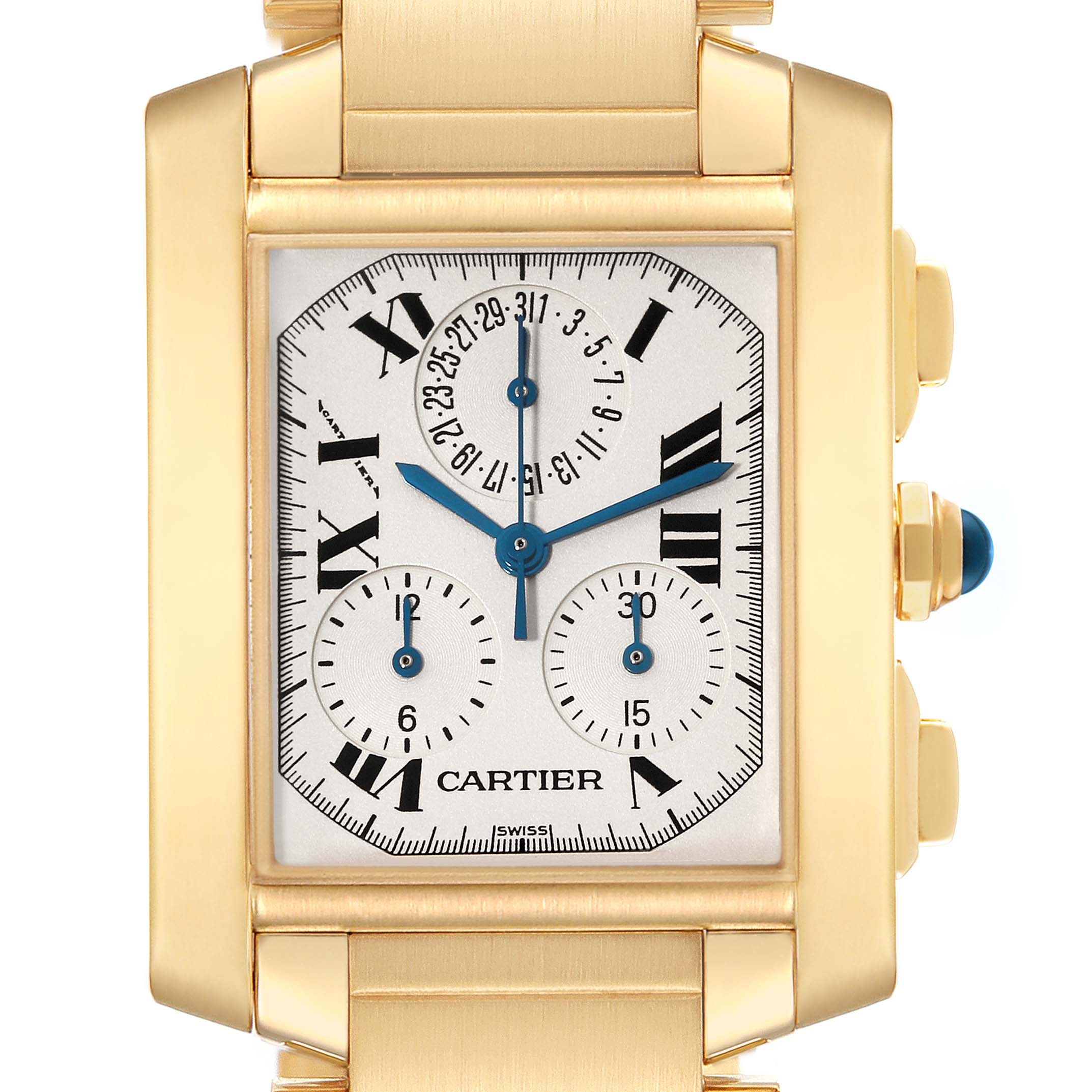 This image shows a close-up frontal view of the Cartier Tank Française watch face and part of its bracelet.
