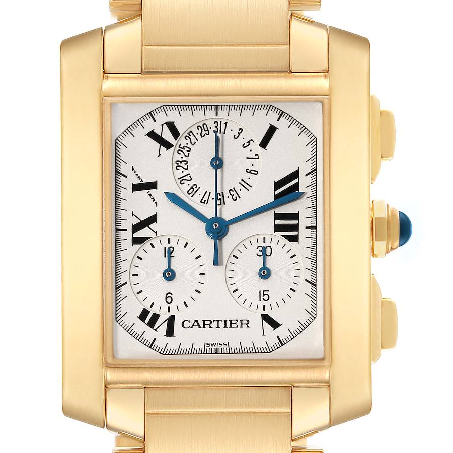 Cartier Tank Francaise Chrongraph Yellow Gold Quartz Mens Watch W50005R2 Box Papers SwissWatchExpo