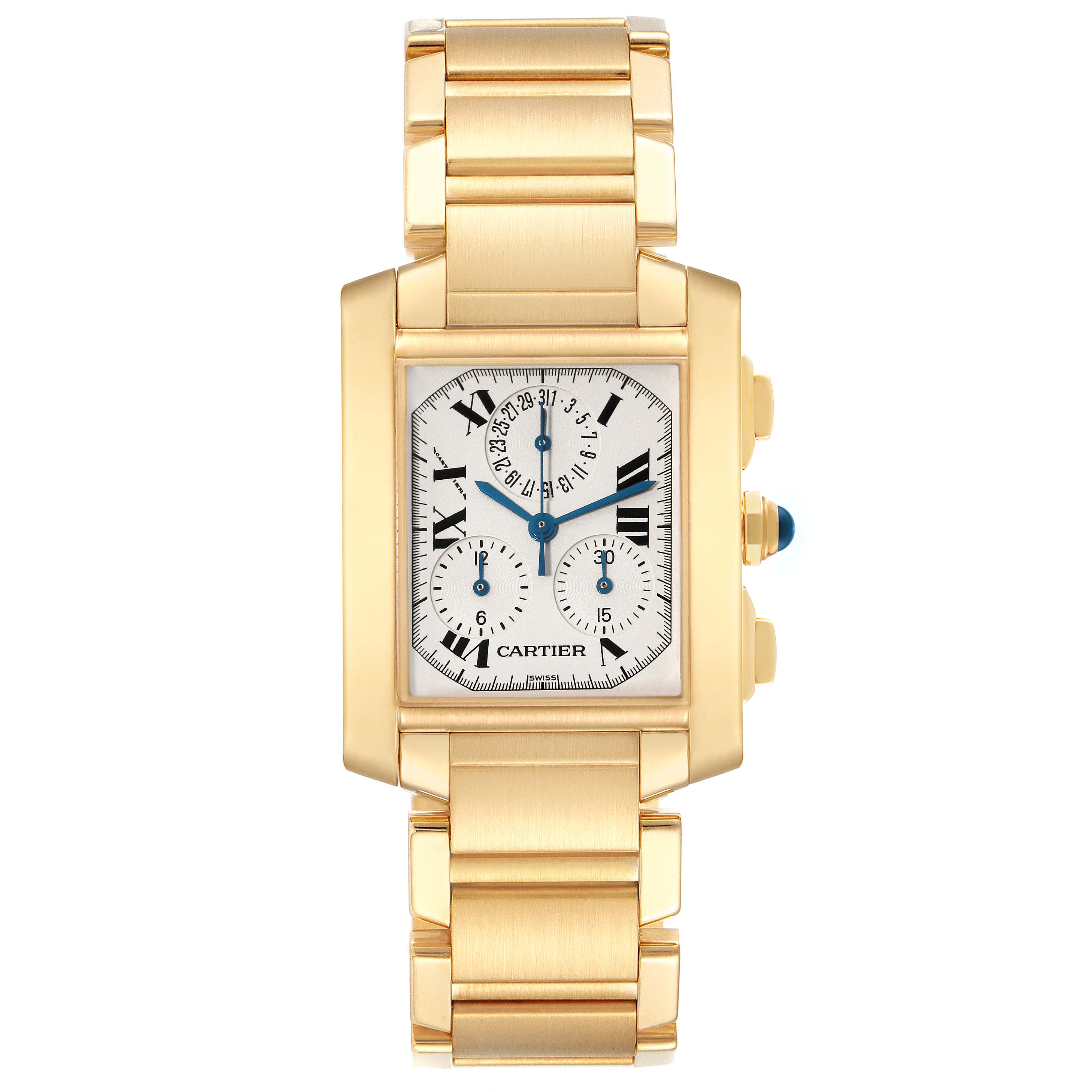 The Cartier Tank Francaise W50005R2 Men's Yellow Gold Silver Dial W50005R2 Men's Yellow Gold Silver Dial watch is shown from the front, displaying the face, bracelet, and side buttons.
