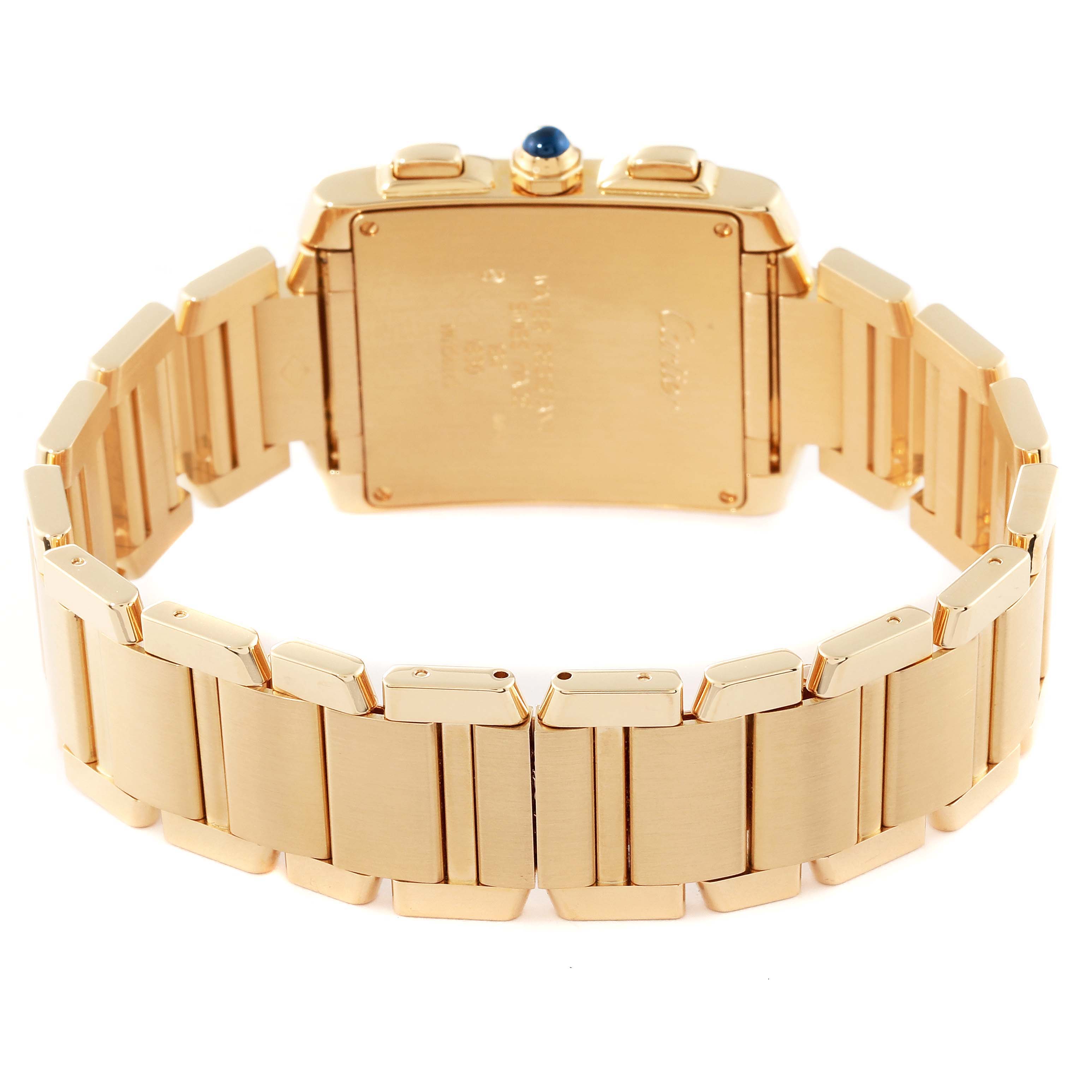 This image shows the back view of the Cartier Tank Francaise W50005R2 Men's Yellow Gold Silver Dial W50005R2 Men's Yellow Gold Silver Dial watch, highlighting its gold bracelet and case.