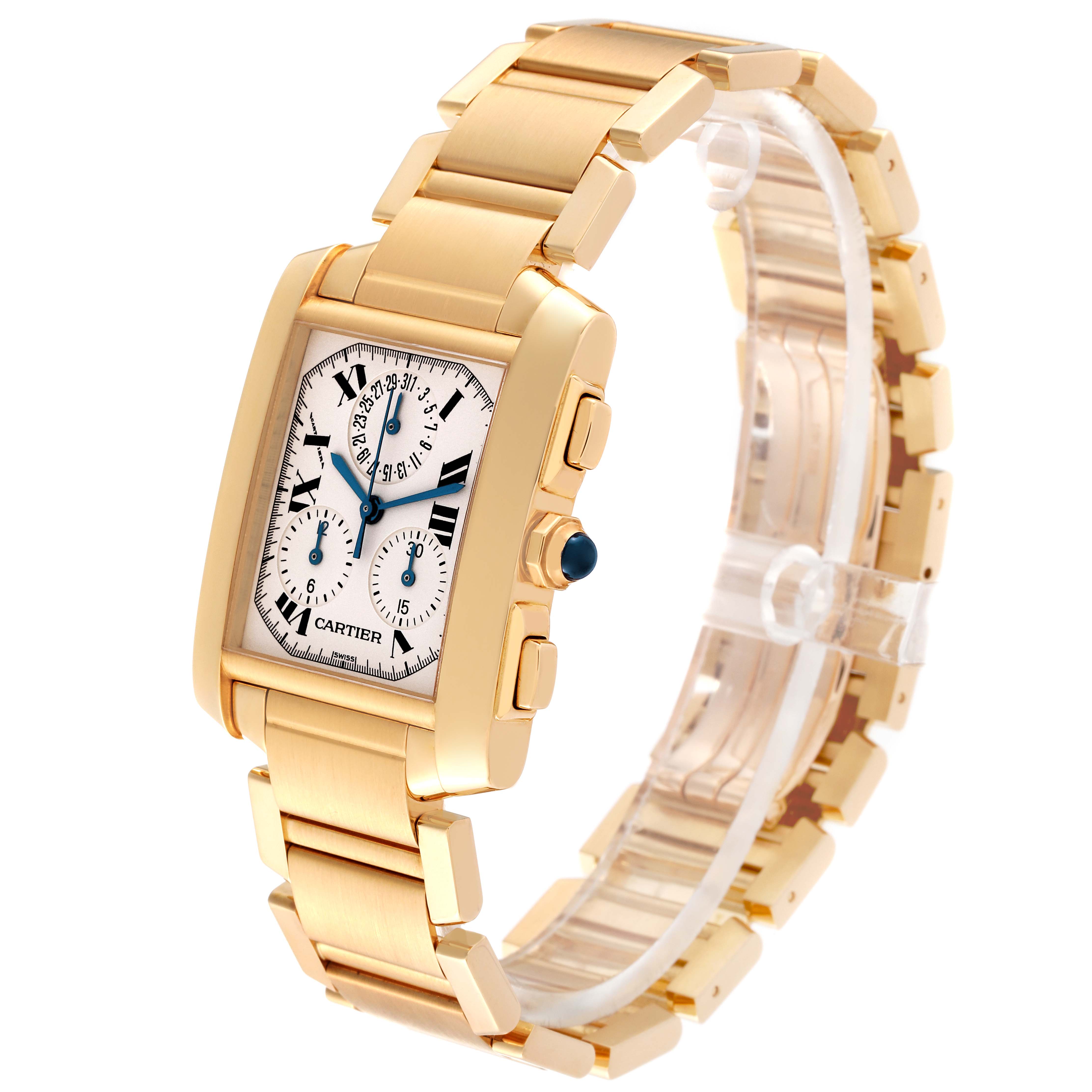The image shows a Cartier Tank Francaise W50005R2 Men's Yellow Gold Silver Dial W50005R2 Men's Yellow Gold Silver Dial watch from a slight angle, highlighting the gold bracelet, rectangular dial, and side buttons.