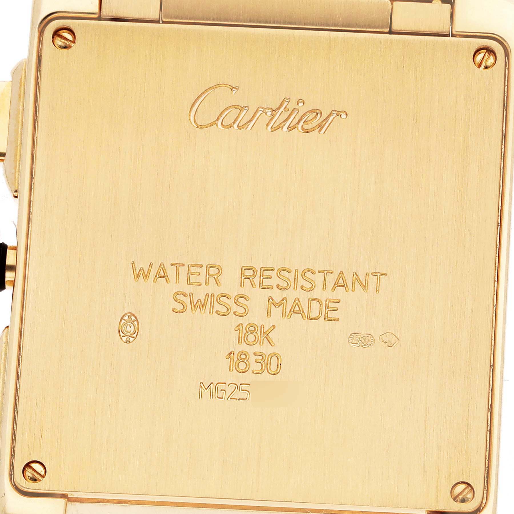 The image shows the back case of a Cartier Tank Francaise W50005R2 Men's Yellow Gold Silver Dial W50005R2 Men's Yellow Gold Silver Dial watch, featuring engraved information such as "18K" and "WATER RESISTANT."