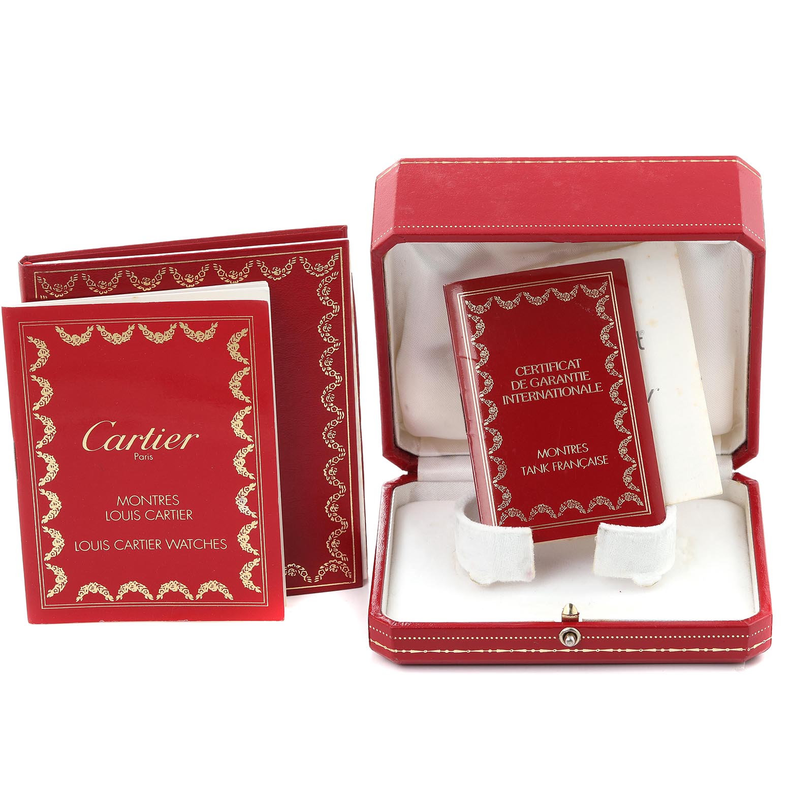 This image shows the packaging and warranty booklets of a Cartier Tank Francaise W50005R2 Men's Yellow Gold Silver Dial W50005R2 Men's Yellow Gold Silver Dial watch, including a red watch box and certificates.