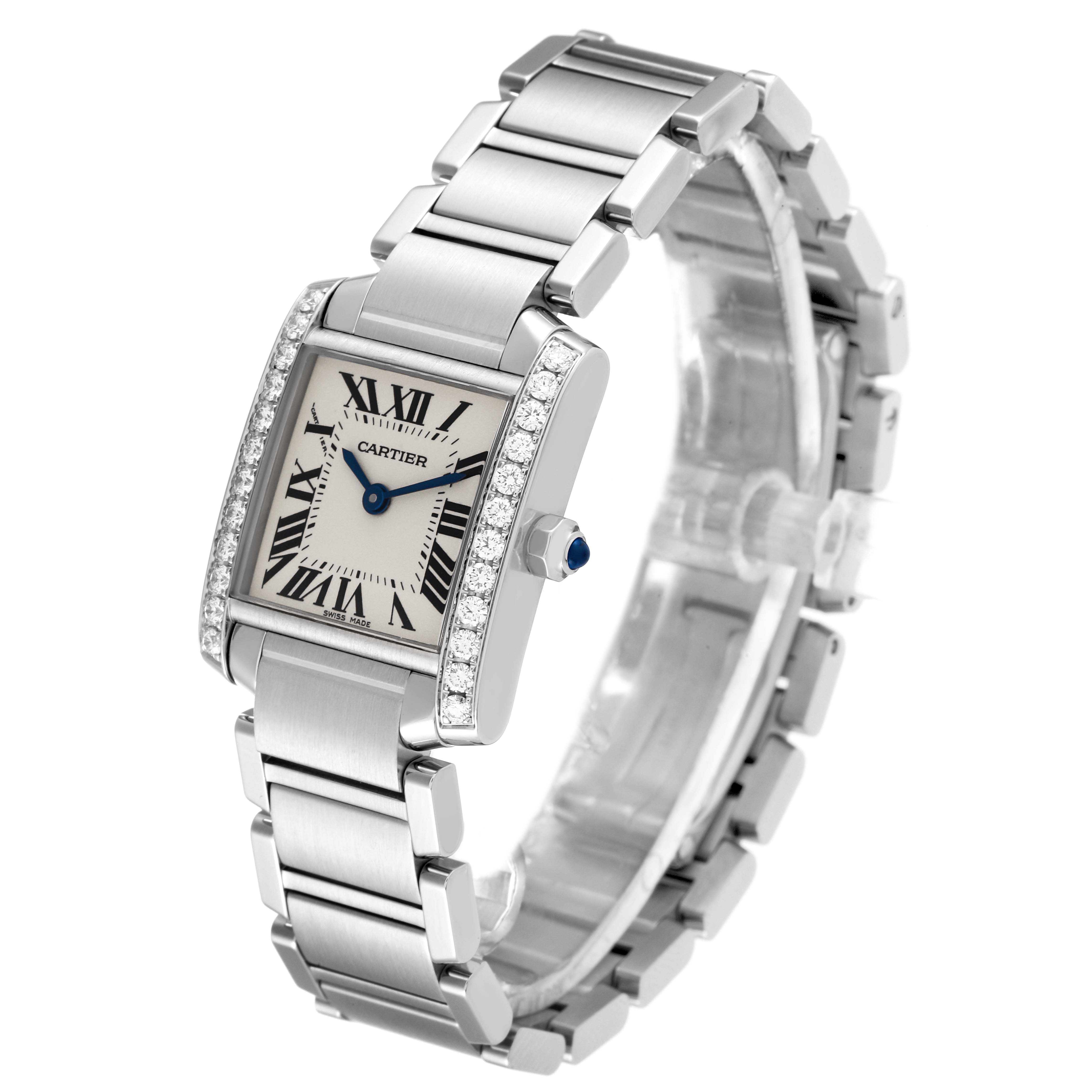 The image shows a side and front angled view of a Cartier Tank Francaise W4TA0008 Women
s Stainless Steel Silver Dial W4TA0008 Women
s Stainless Steel Silver Dial watch, featuring a rectangular face, metal bracelet, and diamond accents.