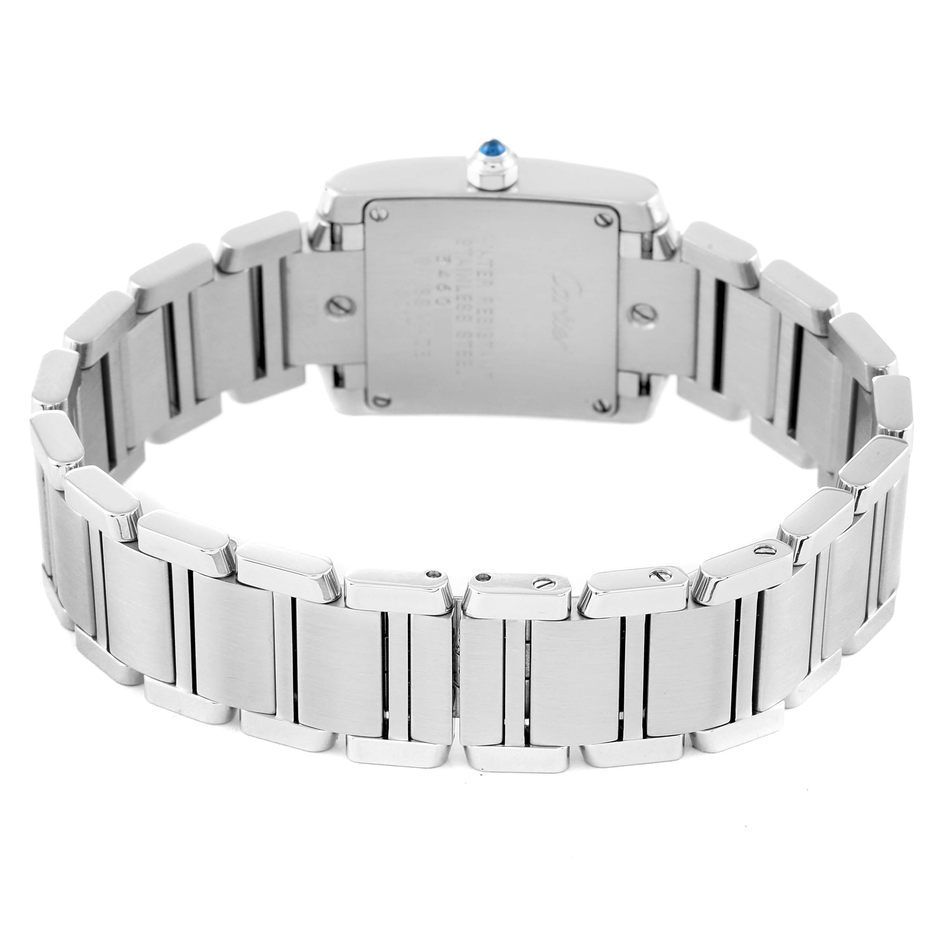 The image shows the back view of a Cartier Tank Francaise W4TA0008 Women
s Stainless Steel Silver Dial W4TA0008 Women
s Stainless Steel Silver Dial watch, focusing on the metal bracelet and case back.