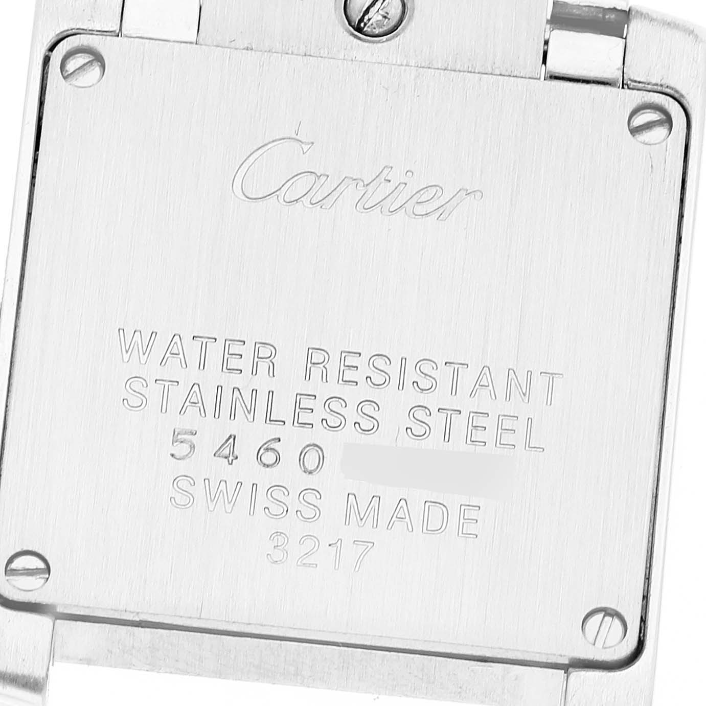 This image shows the back case of a Cartier Tank Francaise W4TA0008 Women
s Stainless Steel Silver Dial W4TA0008 Women
s Stainless Steel Silver Dial watch displaying the brand, material, water resistance, and model details.