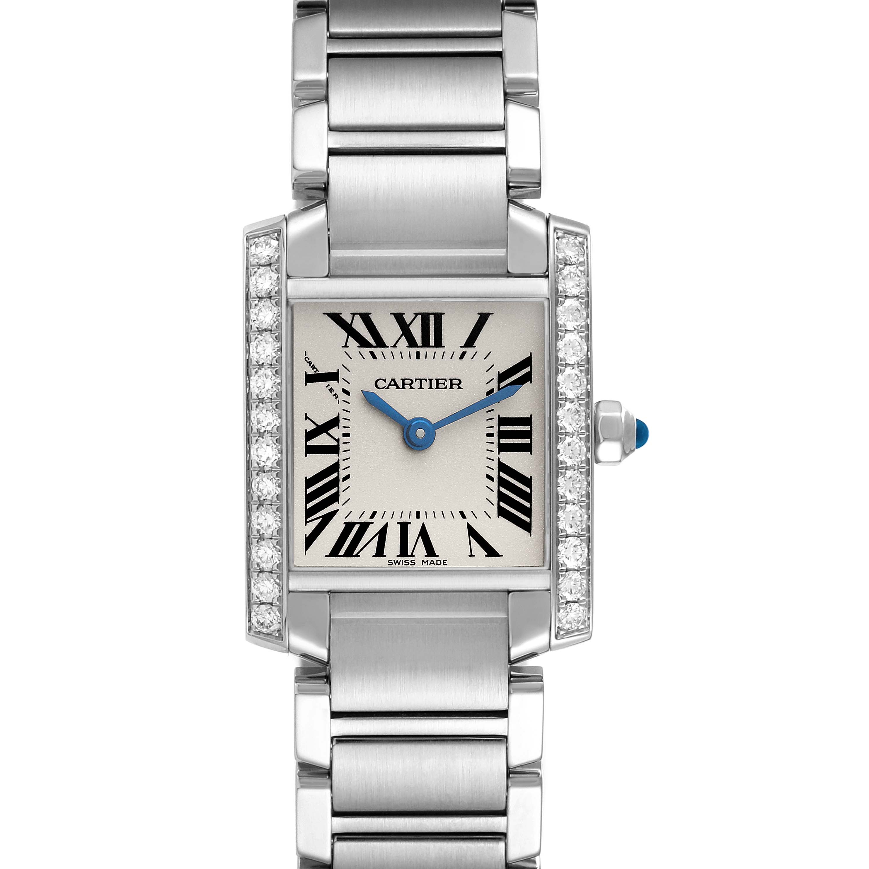 The image shows a front view of the Cartier Tank Francaise W4TA0008 Women
s Stainless Steel Silver Dial W4TA0008 Women
s Stainless Steel Silver Dial watch, highlighting the dial, bracelet, and diamond-set bezel.