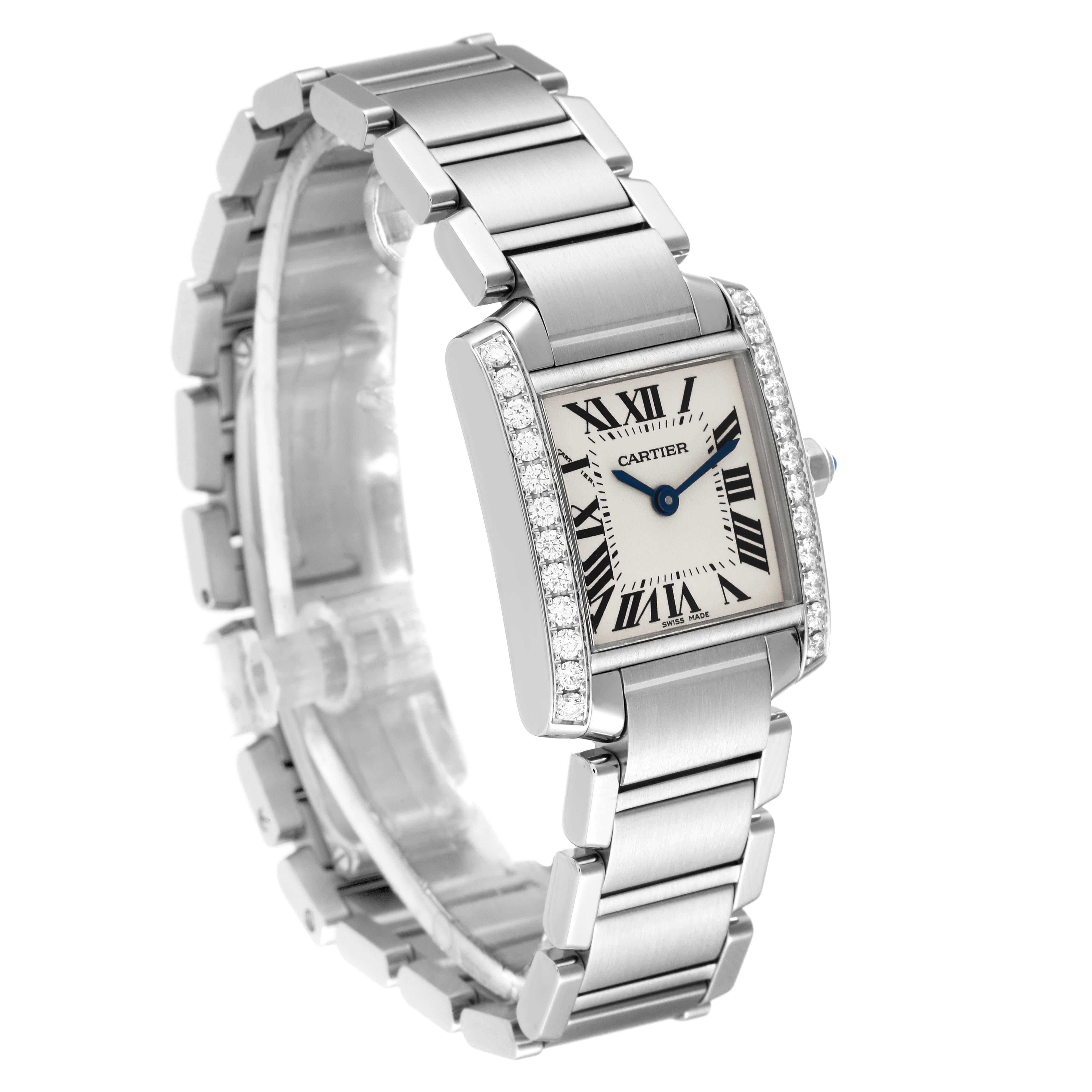 The Cartier Tank Francaise W4TA0008 Women
s Stainless Steel Silver Dial W4TA0008 Women
s Stainless Steel Silver Dial watch is shown at a slight angle, highlighting its rectangular face, diamond bezel, and stainless steel bracelet.