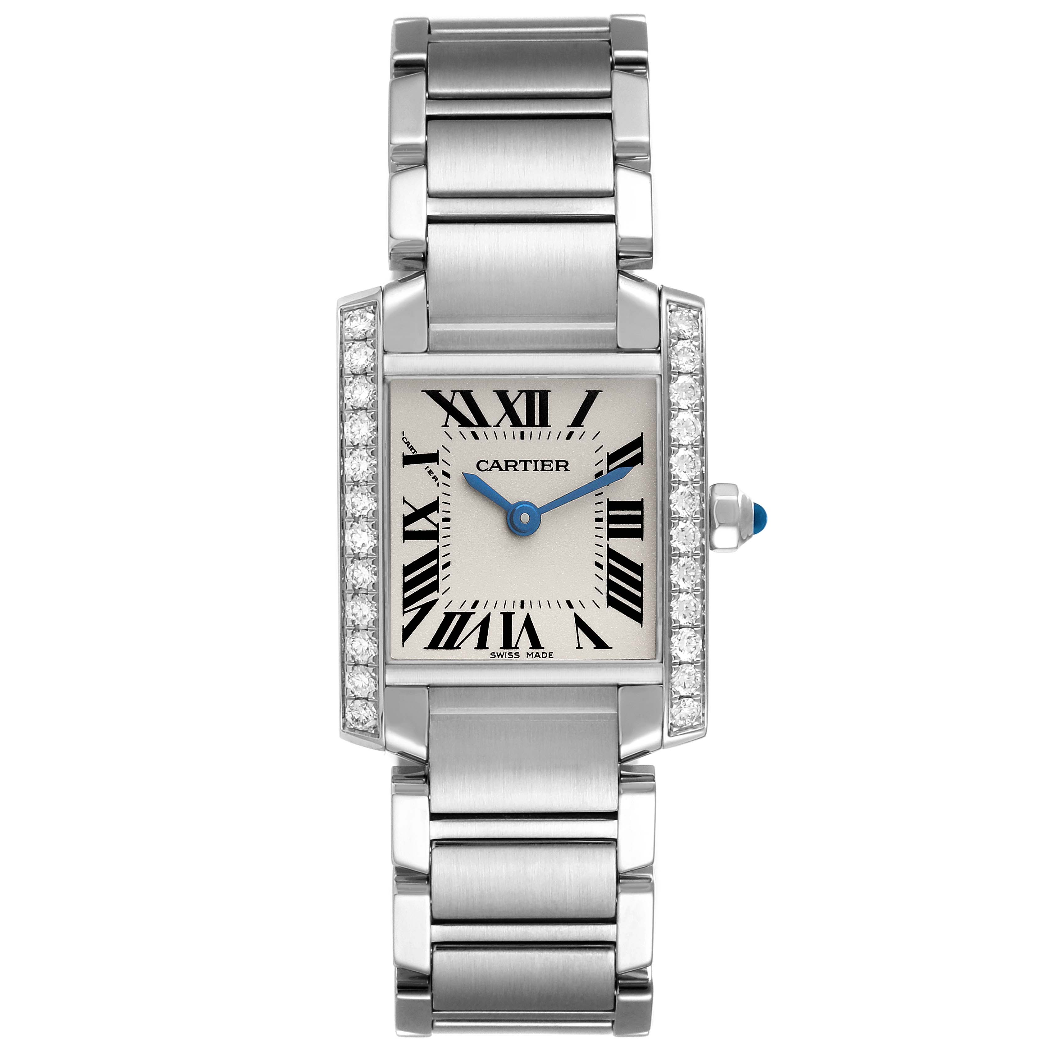 This image shows a front view of the Cartier Tank Francaise W4TA0008 Women
s Stainless Steel Silver Dial W4TA0008 Women
s Stainless Steel Silver Dial watch, featuring its bracelet, face, and diamond-set bezel.