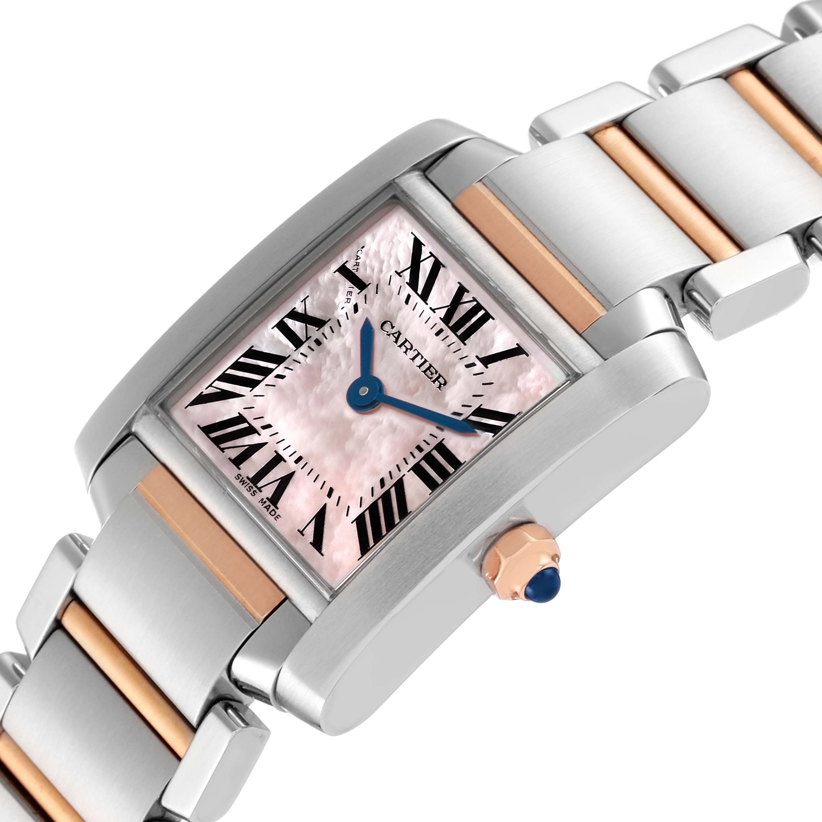 This image shows a close-up of the Cartier Tank Française watch, highlighting its face, blue hands, crown, and two-tone bracelet.