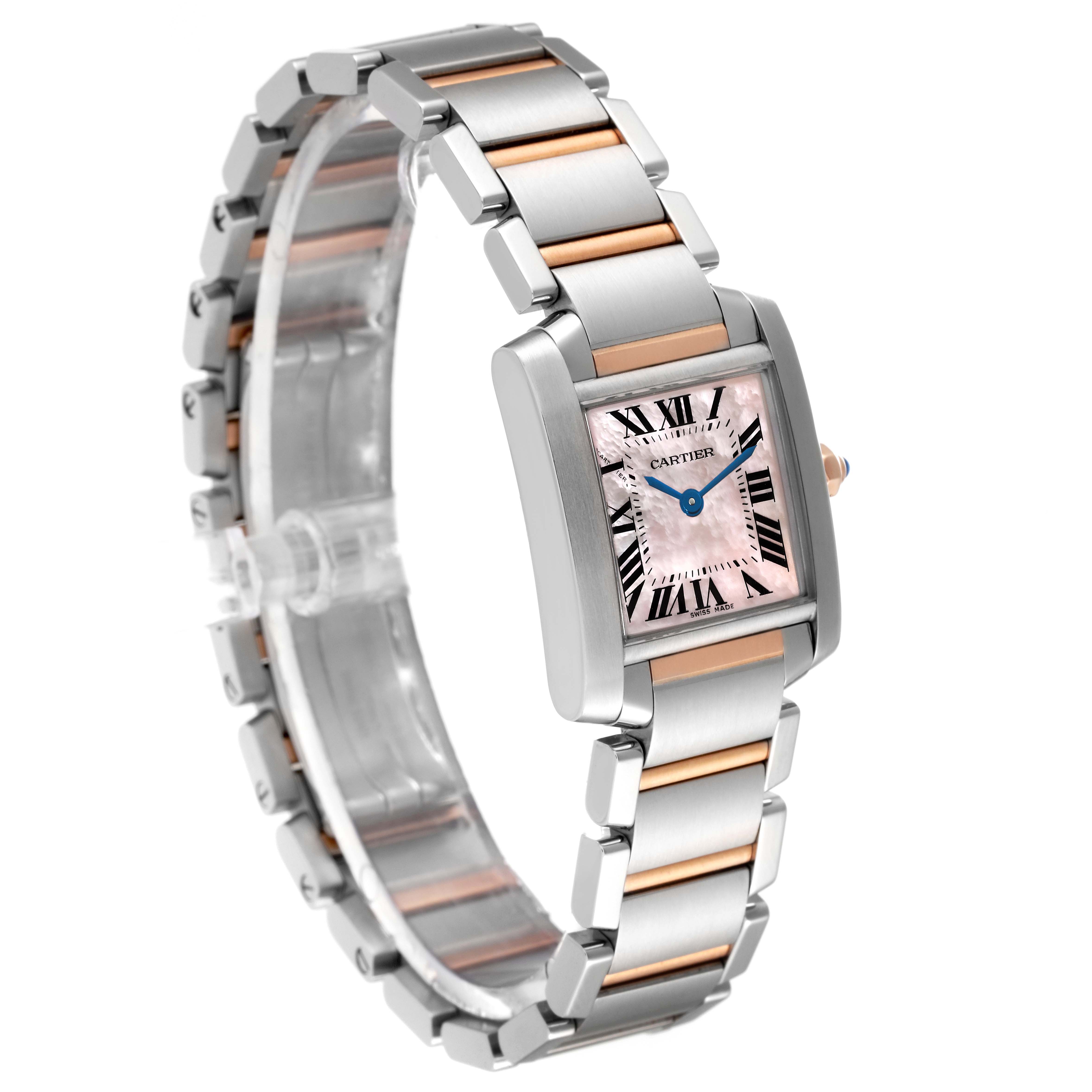 The image shows a Cartier Tank Française watch angled slightly from the front, highlighting its band and face.