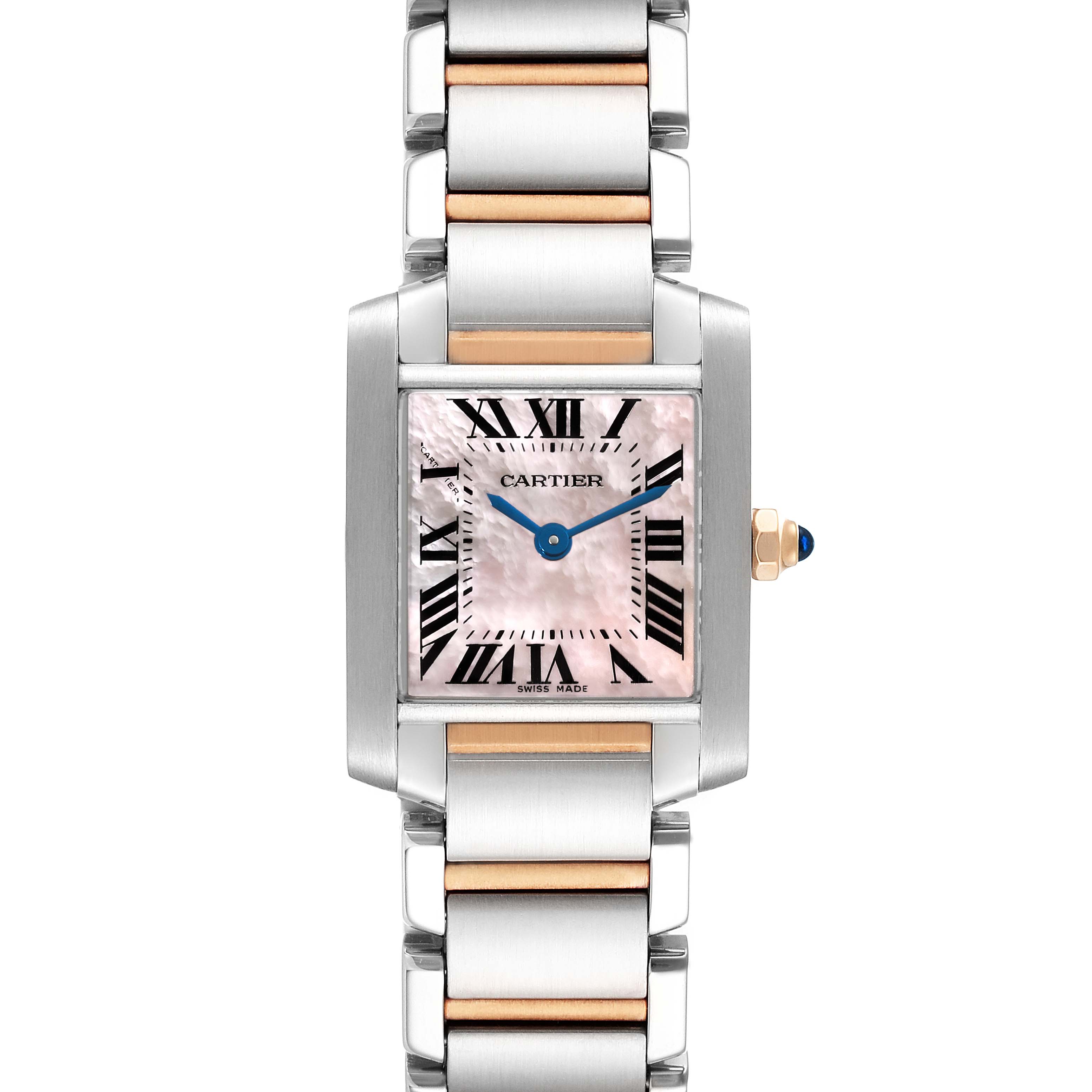 This image shows a frontal view of the Cartier Tank Francaise W51027Q4 Women's Stainless Steel Mother of Pearl Dial W51027Q4 Women's Stainless Steel Mother of Pearl Dial watch, highlighting its dial, bracelet, and crown.