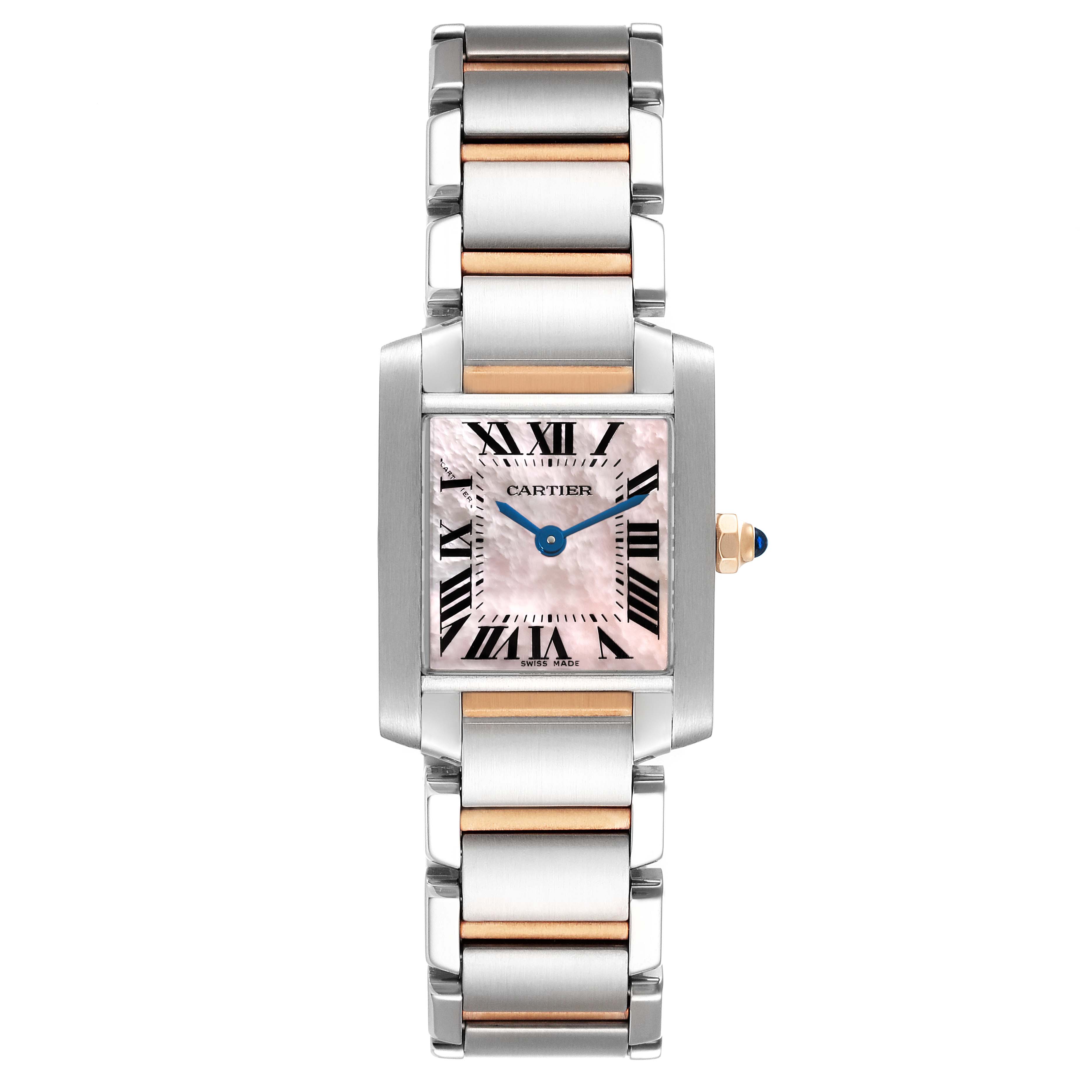 The image shows a Cartier Tank Francaise W51027Q4 Women's Stainless Steel Mother of Pearl Dial W51027Q4 Women's Stainless Steel Mother of Pearl Dial watch with a silver and gold bracelet and a rectangular face, viewed from the front.
