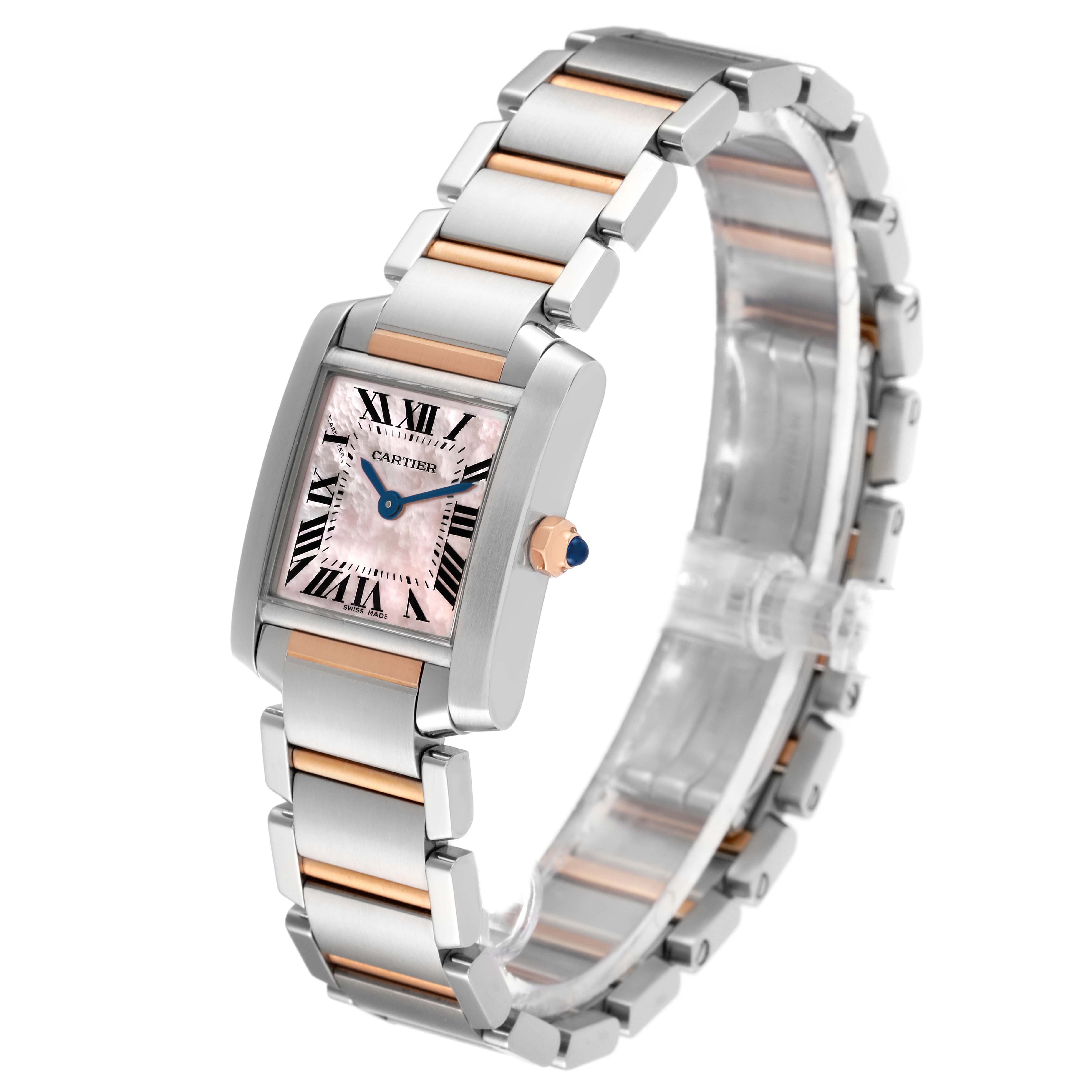 The image shows a Cartier Tank Française watch at a three-quarter angle, highlighting its face, bracelet, and crown.