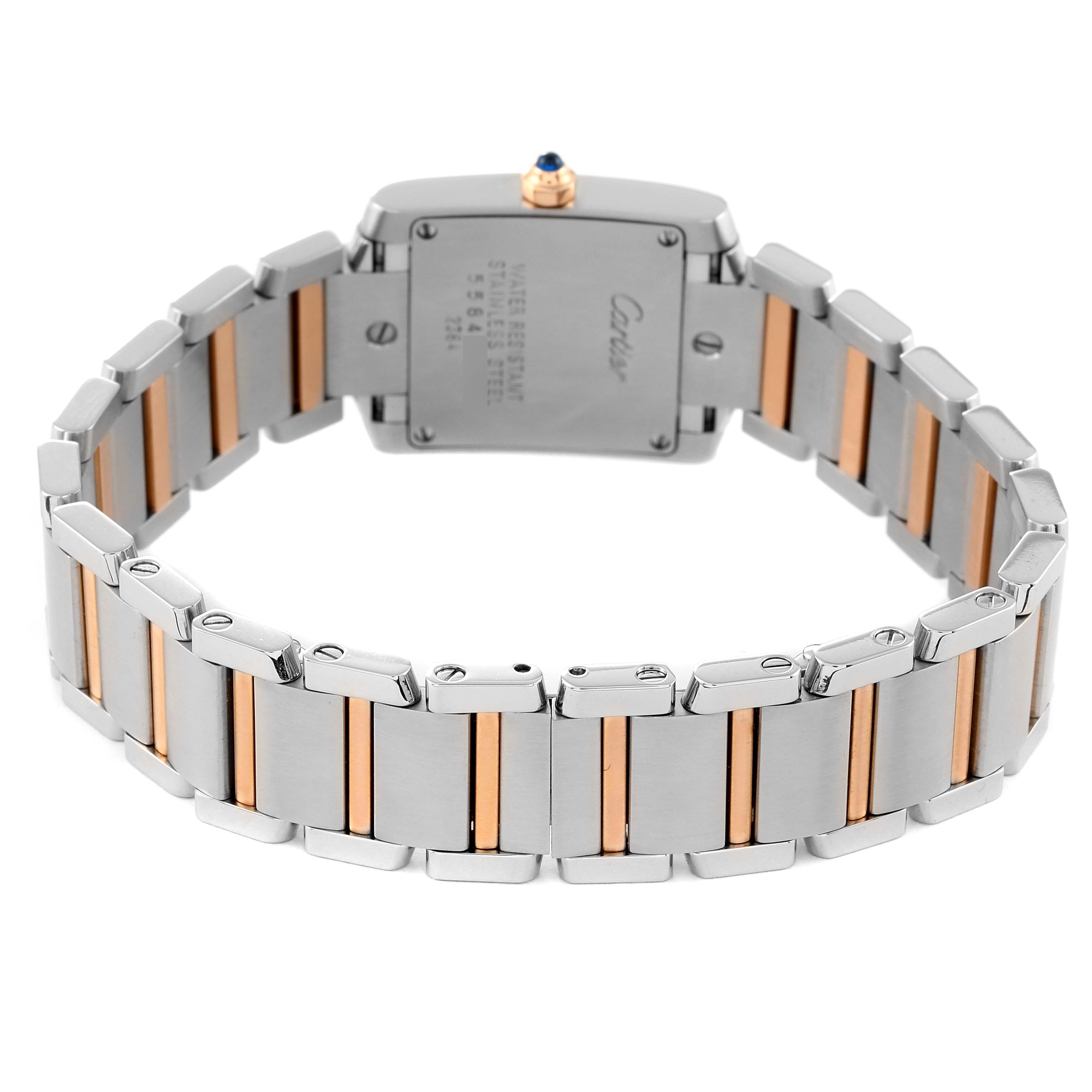 The image shows the back of a Cartier Tank Francaise W51027Q4 Women's Stainless Steel Mother of Pearl Dial W51027Q4 Women's Stainless Steel Mother of Pearl Dial watch, highlighting its clasp and two-tone bracelet.