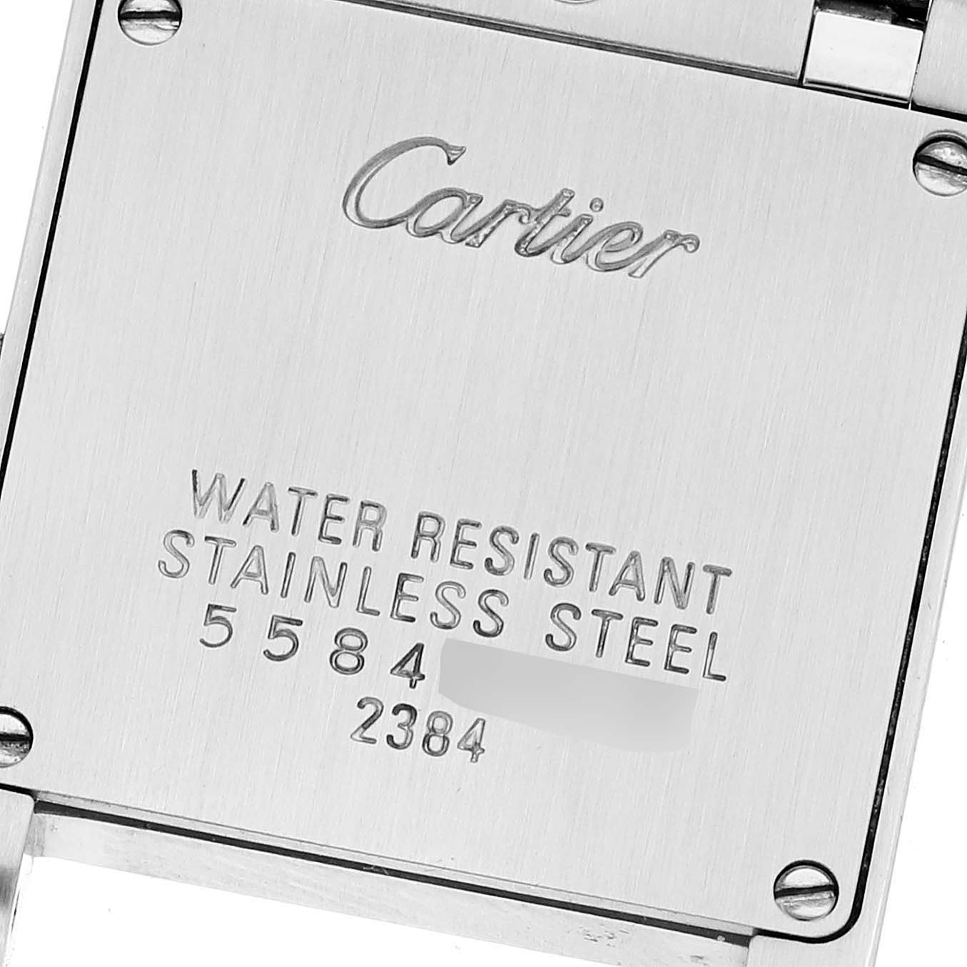 This image shows the back case of a Cartier Tank Francaise W51027Q4 Women's Stainless Steel Mother of Pearl Dial W51027Q4 Women's Stainless Steel Mother of Pearl Dial watch, displaying its water resistance and stainless steel details.
