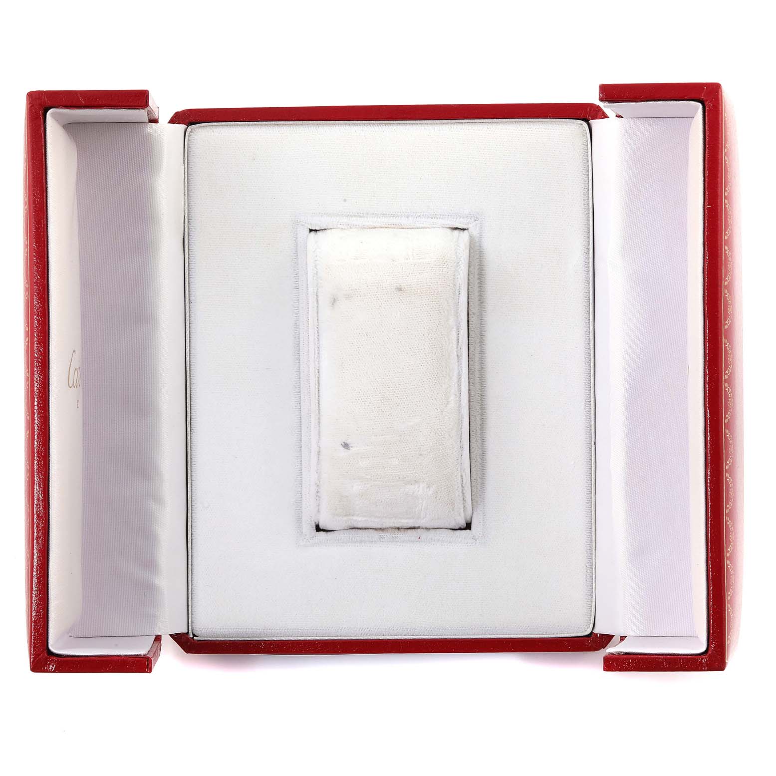 The image shows an open red box with cushioning for a Cartier Tank Francaise 2384 Women's Steel and Gold (two tone) Silver Dial 2384 Women's Steel and Gold (two tone) Silver Dial model watch, viewed from above.