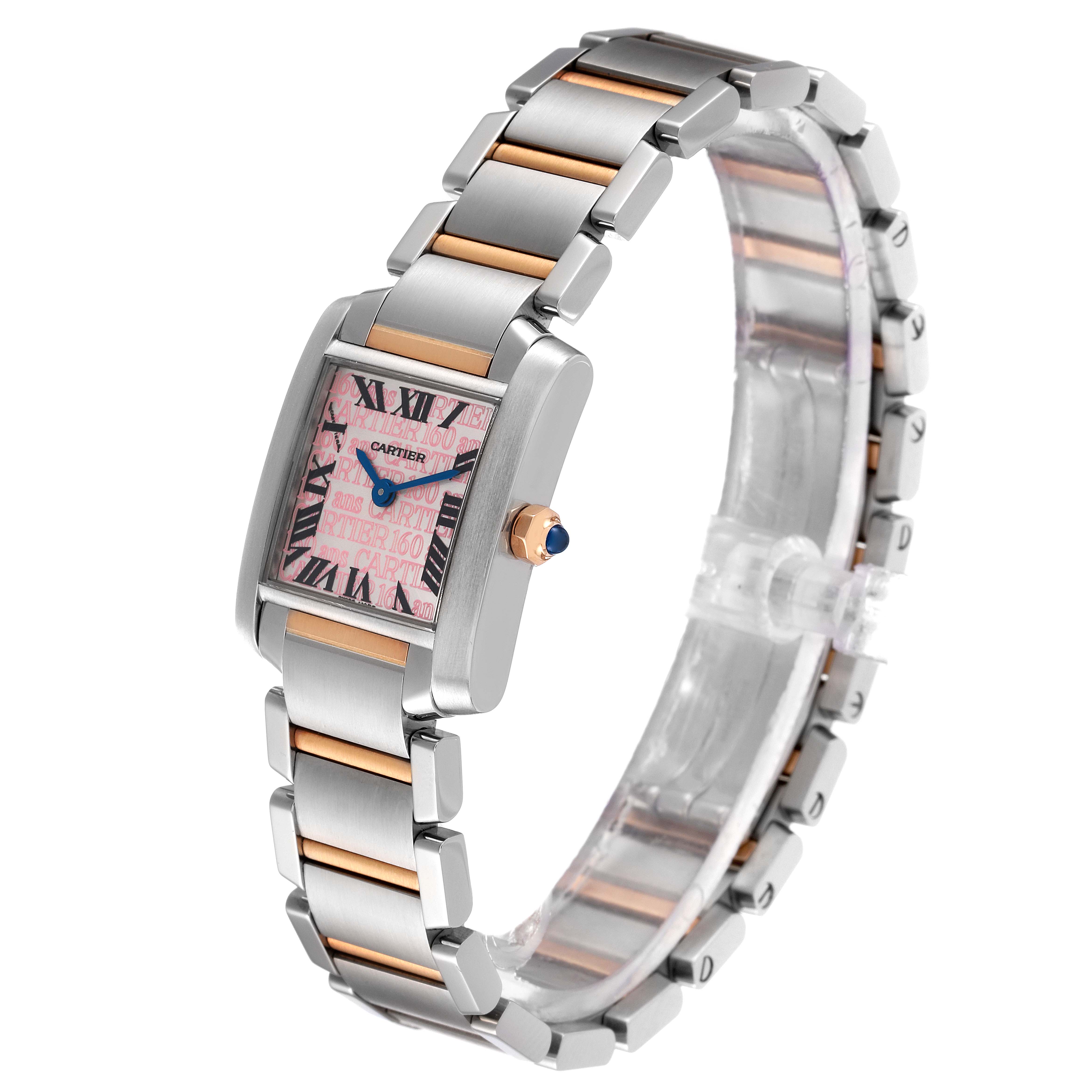 The Cartier Tank Française watch is shown at a three-quarter angle, displaying the bracelet, dial, and crown.