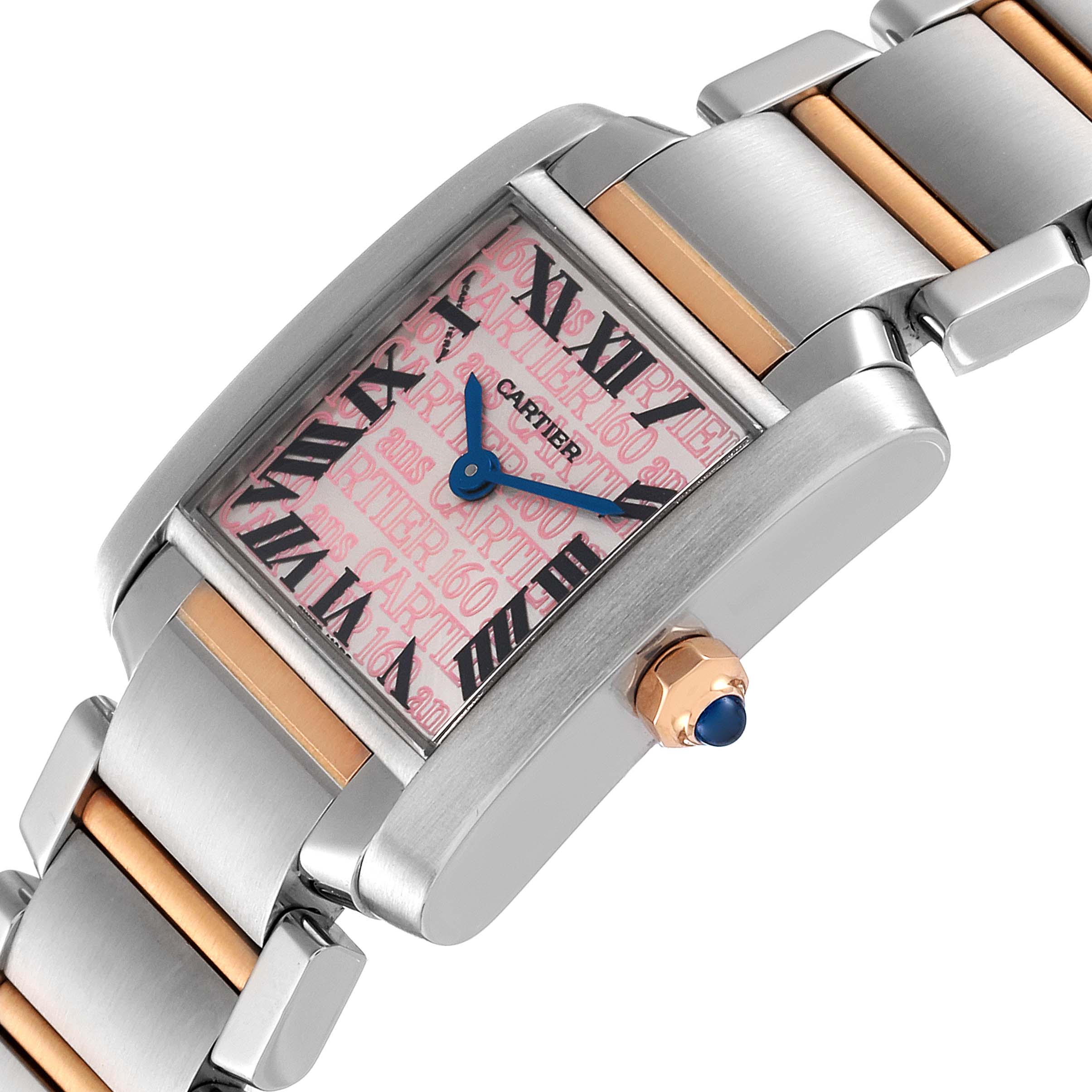 The image shows the Cartier Tank Francaise 2384 Women's Steel and Gold (two tone) Silver Dial 2384 Women's Steel and Gold (two tone) Silver Dial watch at an angled close-up, highlighting its face, bezel, crown, and two-tone bracelet.