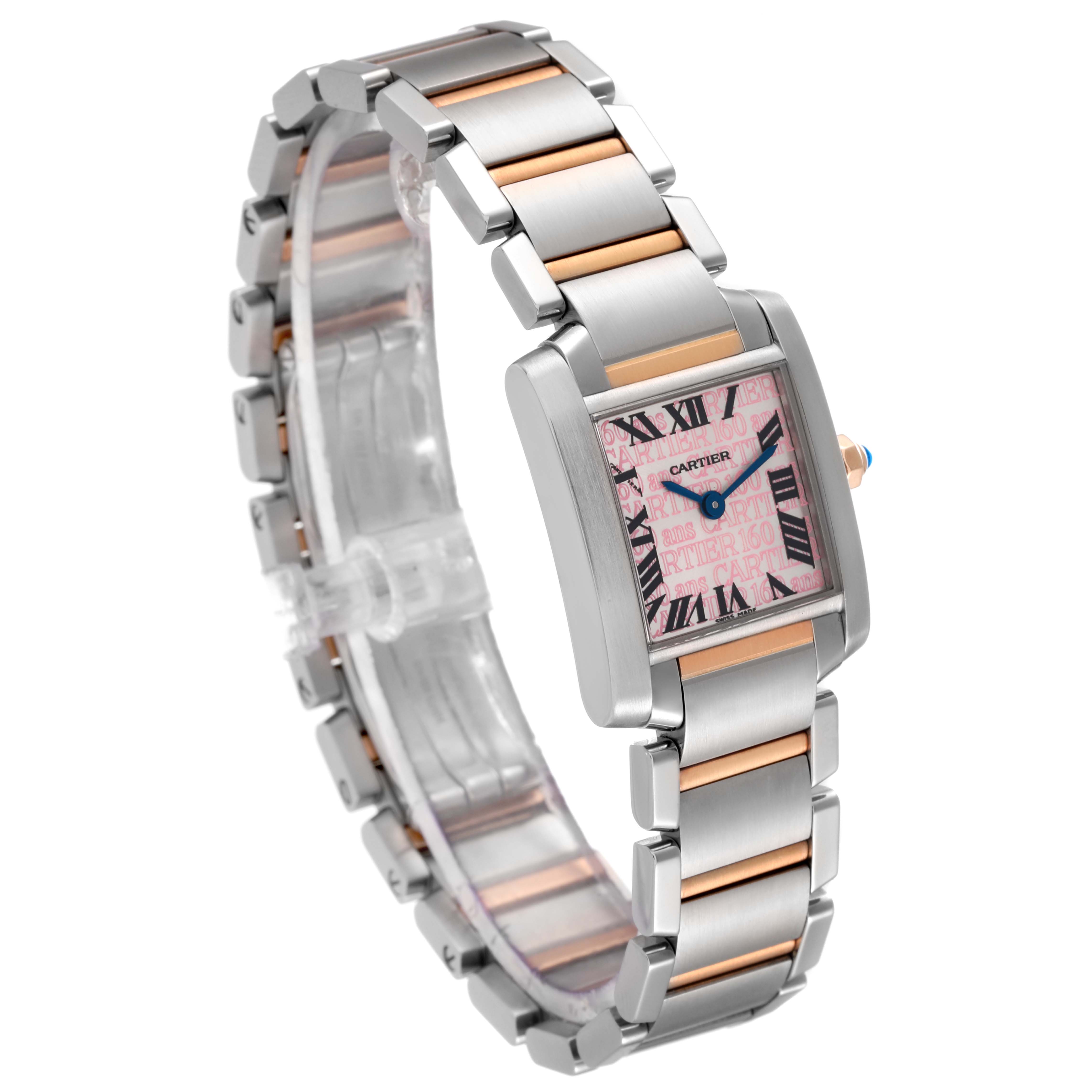 The image shows a Cartier Tank Française watch at a 3/4 angle, showcasing the face, bracelet, and side details.