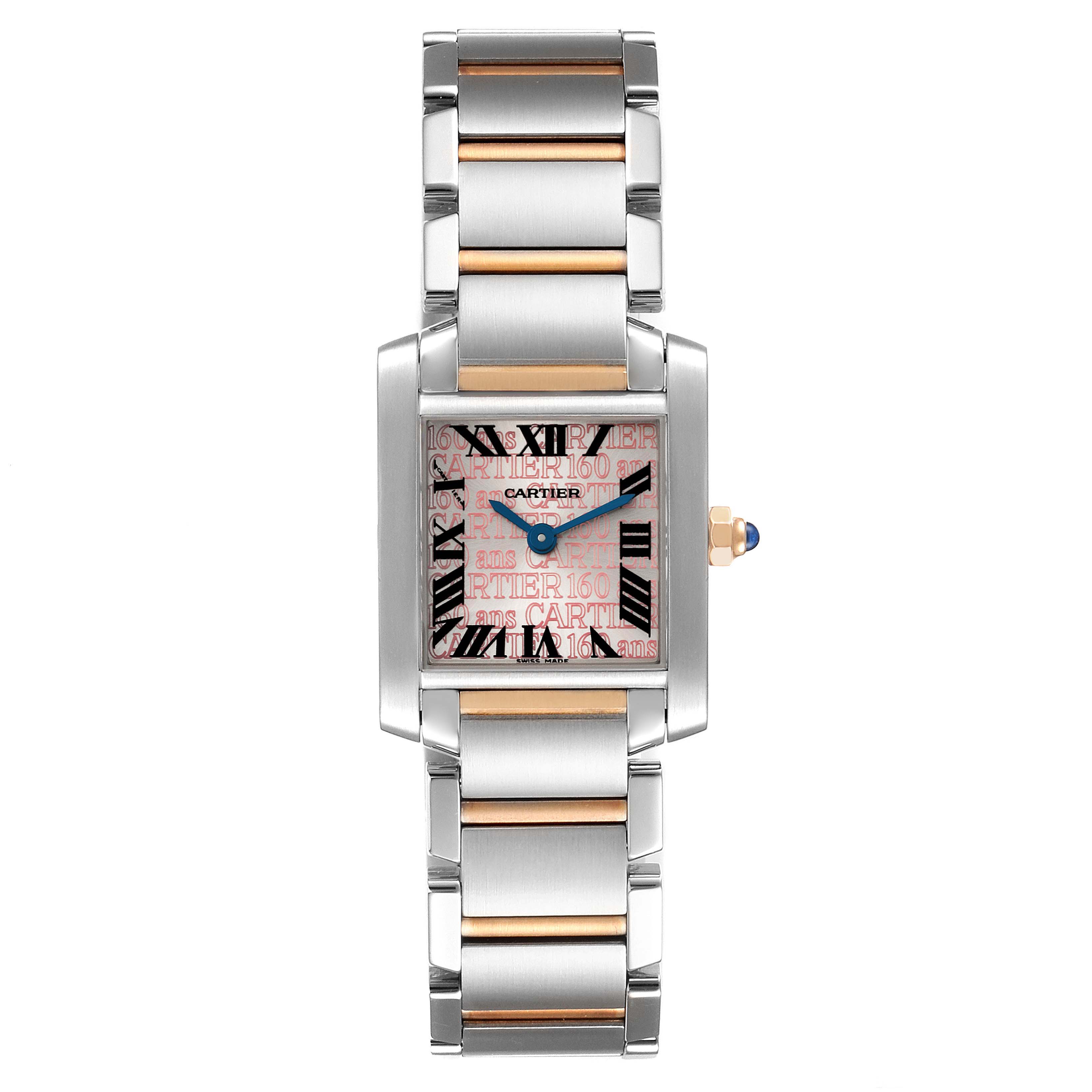 The image displays a Tank Francaise model by Cartier from a top-down angle, showing its face, case, and bracelet.
