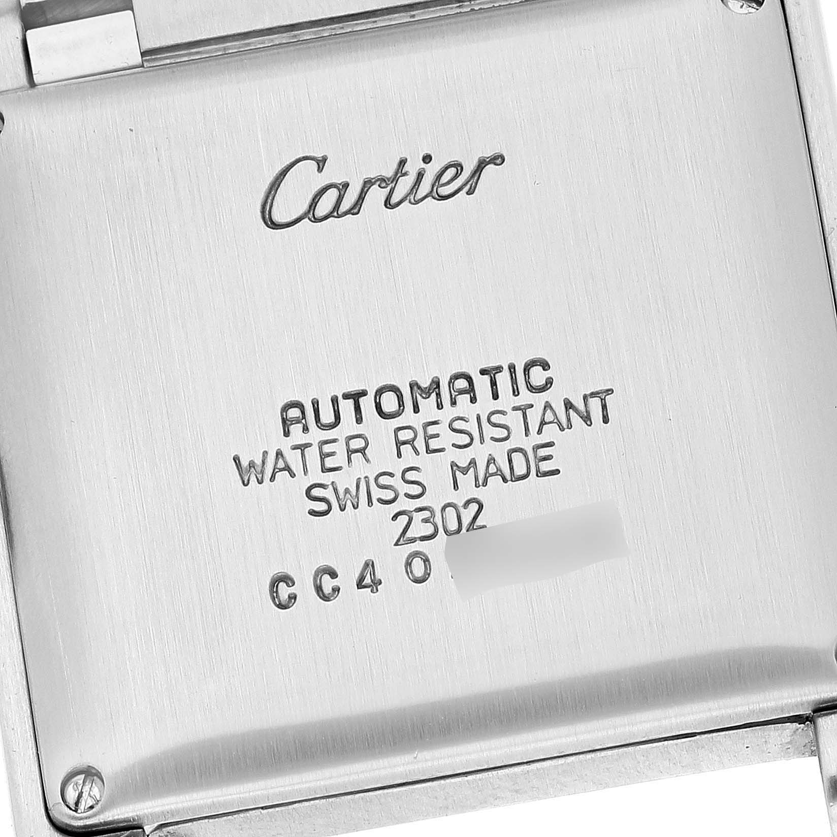 The image shows the back case of a Cartier Tank Francaise W51005Q4 Men
s Steel and Gold (two tone) Silver Dial W51005Q4 Men
s Steel and Gold (two tone) Silver Dial watch, displaying the brand name and water-resistant specifications.