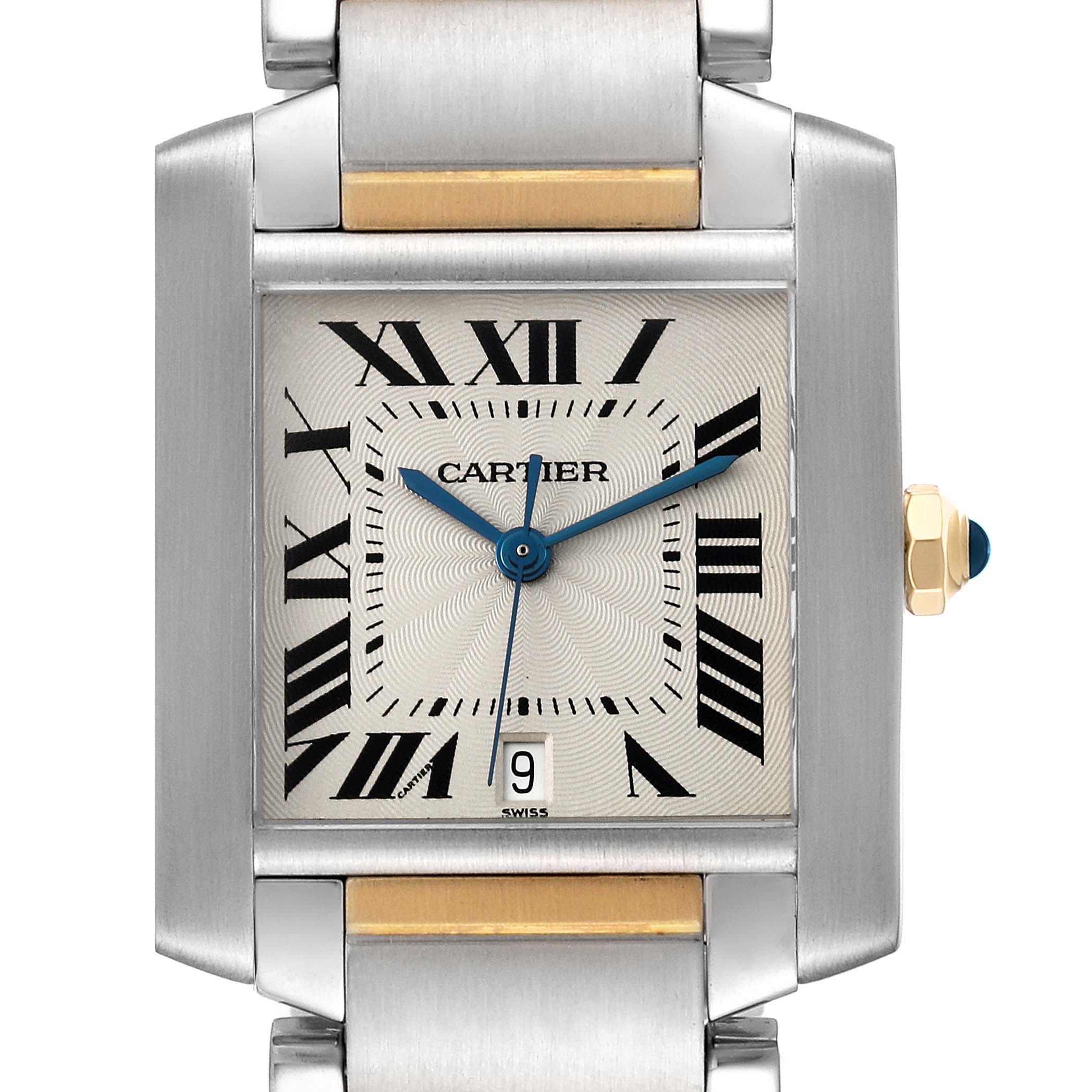 The image shows a front view of the Cartier Tank Francaise W51005Q4 Men
s Steel and Gold (two tone) Silver Dial W51005Q4 Men
s Steel and Gold (two tone) Silver Dial watch, highlighting its dial, hands, date window, and part of the bracelet.