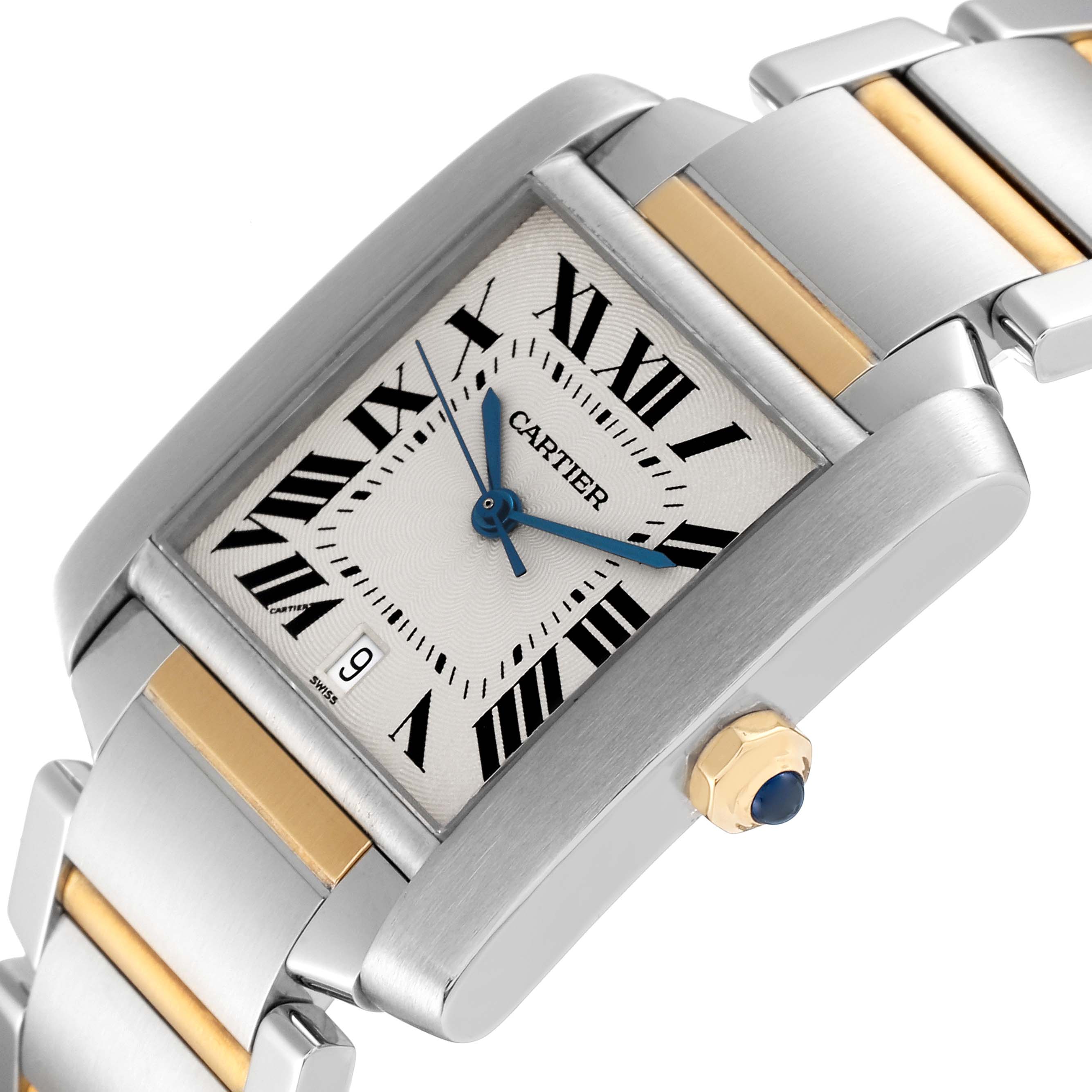 The image shows a close-up side angle of the Cartier Tank Francaise W51005Q4 Men
s Steel and Gold (two tone) Silver Dial W51005Q4 Men
s Steel and Gold (two tone) Silver Dial watch, highlighting its face, bracelet, crown, and date window.